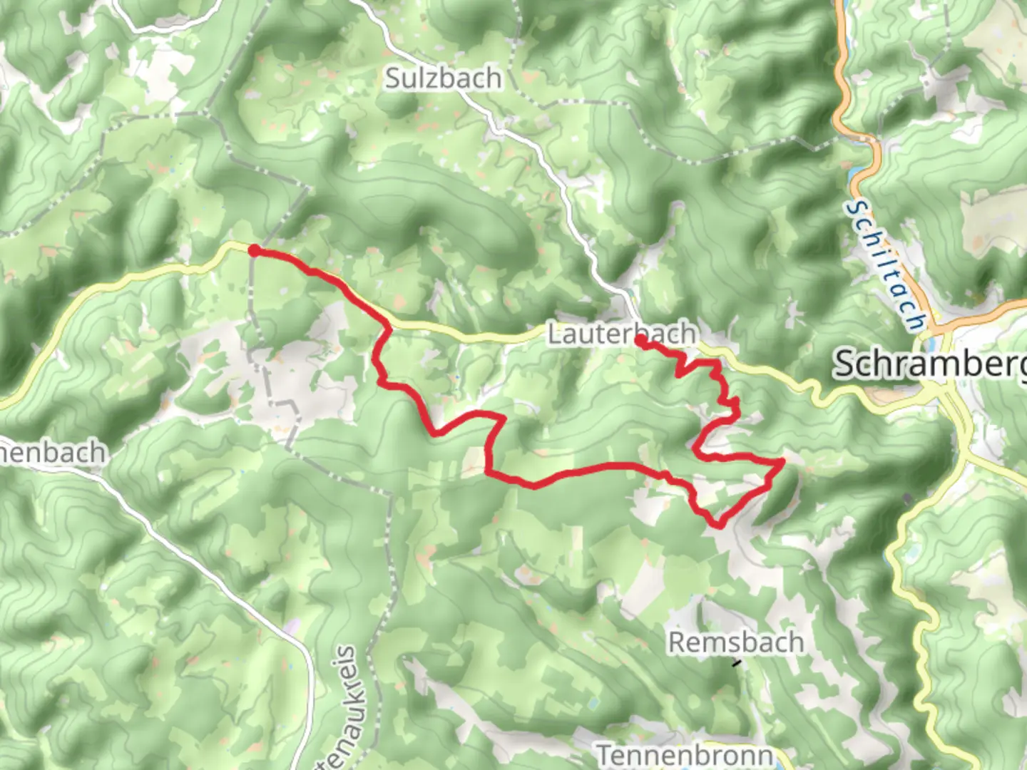 An image depicting the trail Lauterbach to Fohrenbühl Walk via Storzenhof and its surrounding area.
