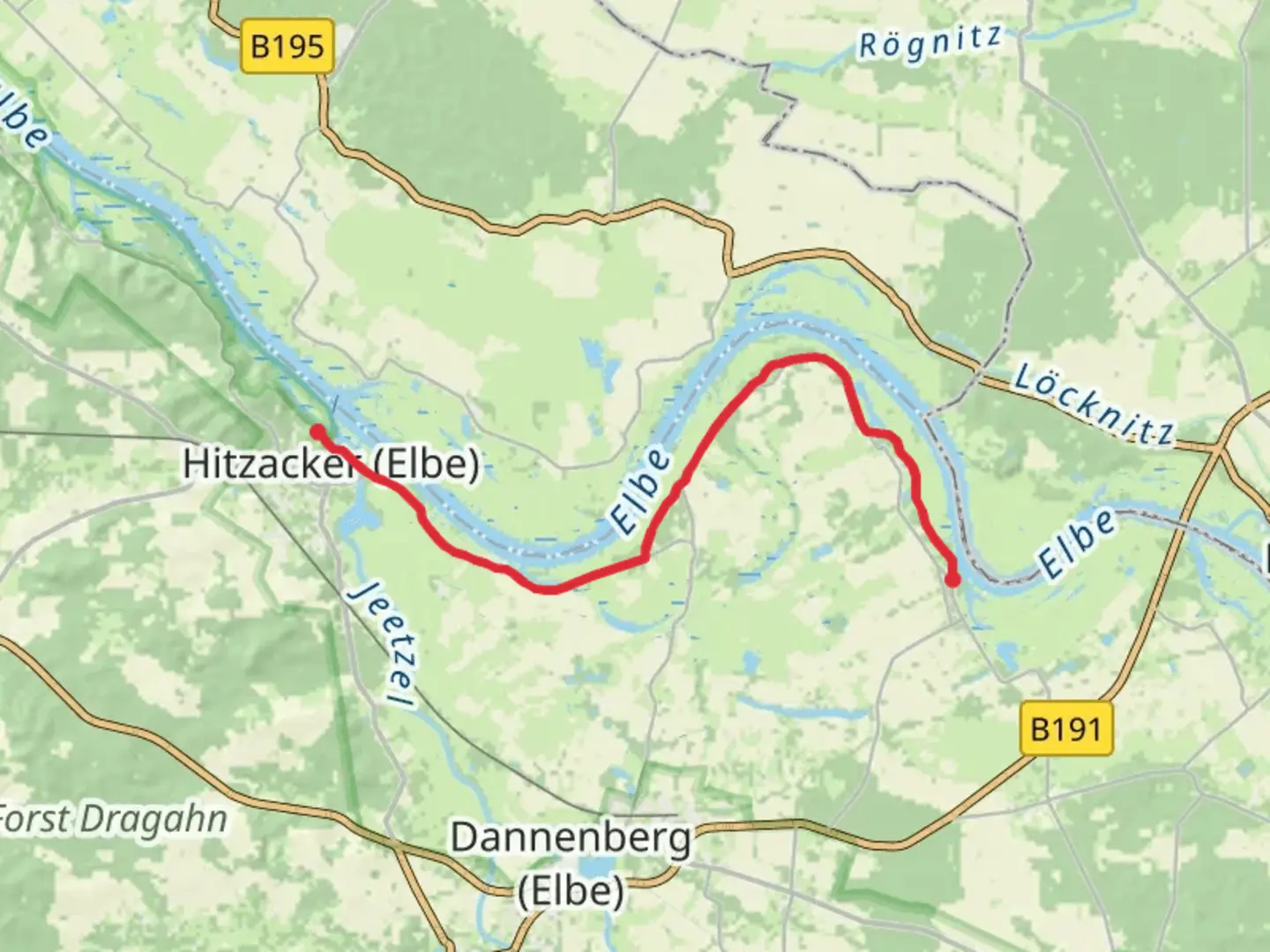 An image depicting the trail Damnatz to Hitzacker Walk via Elbe and its surrounding area.