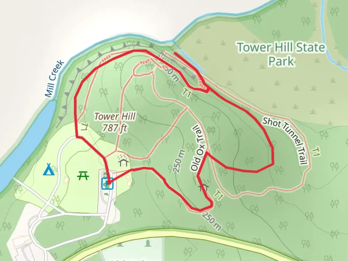 An image depicting the trail Shot Tower and Shot Tunnel via Old Ox Loop Trail and its surrounding area.
