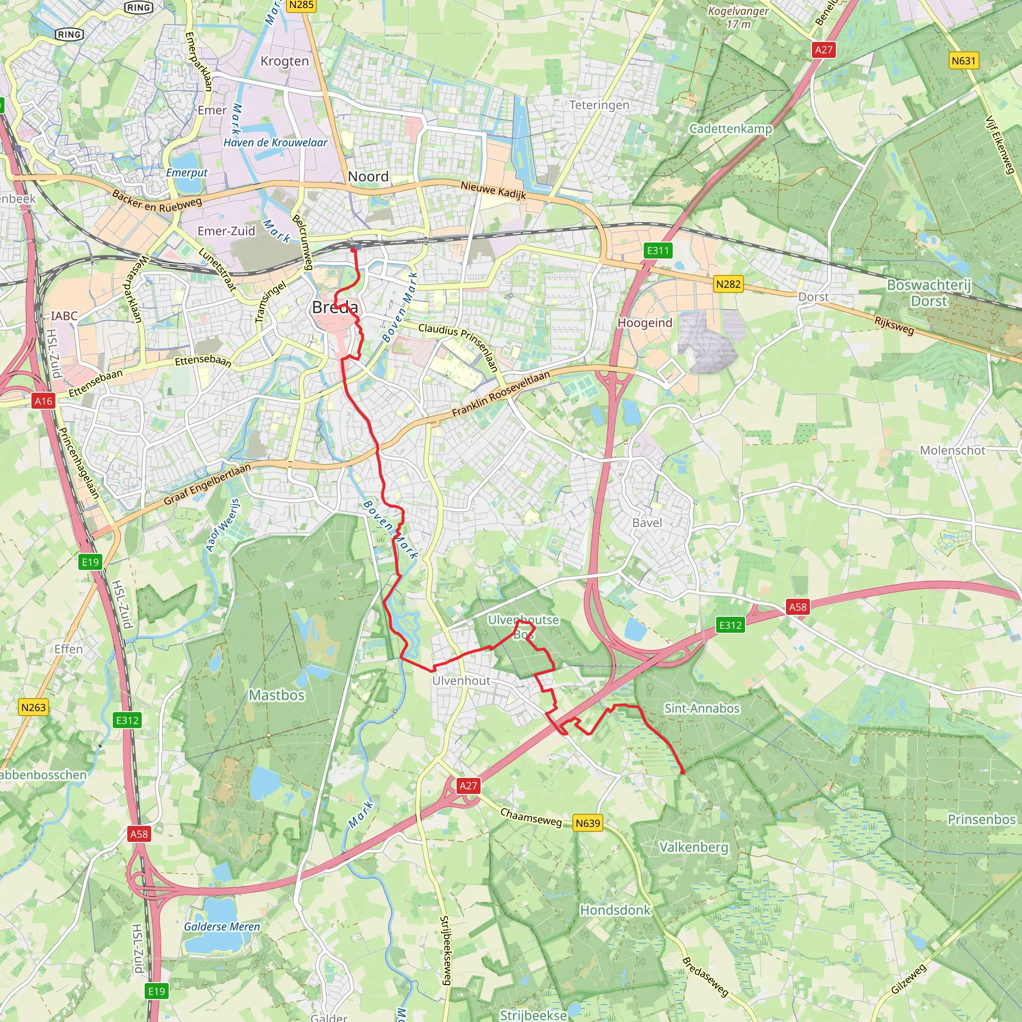 Park Valkenberg and Unvenhoutse Bos via Rondwandeling mobile static map