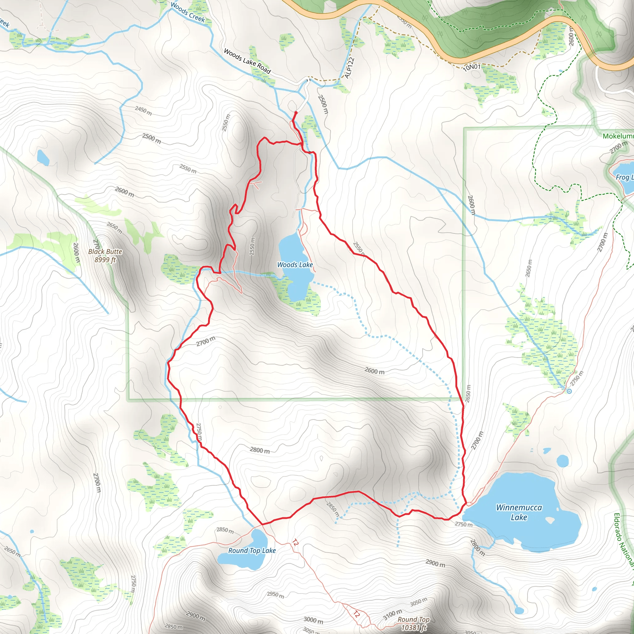 Woods Lake, Winnemucca Lake, Round Top Lake Loop Trail mobile static map