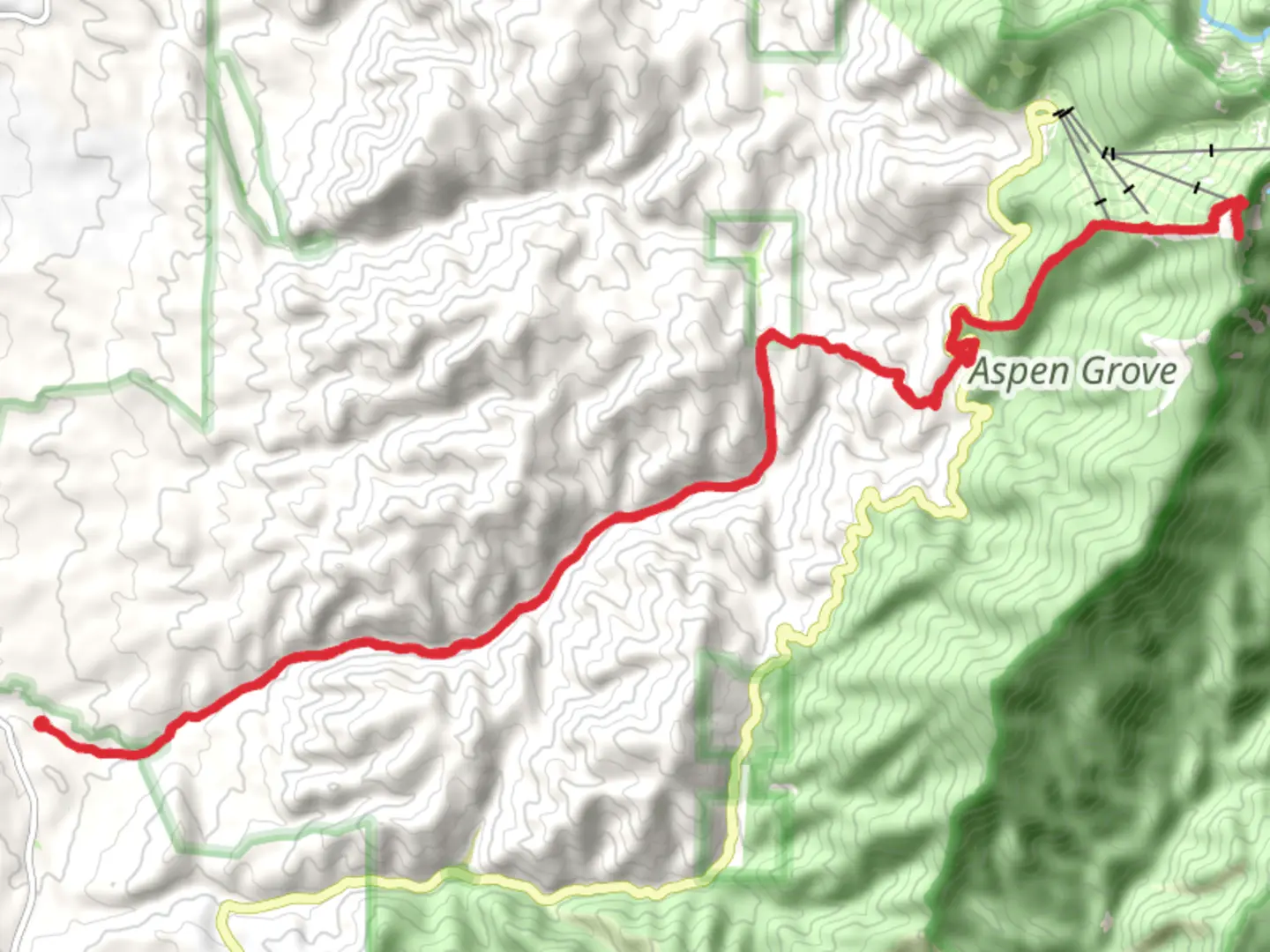 An image depicting the trail Aspen Grove and Tesuque Peak via Alamos Vista and its surrounding area.