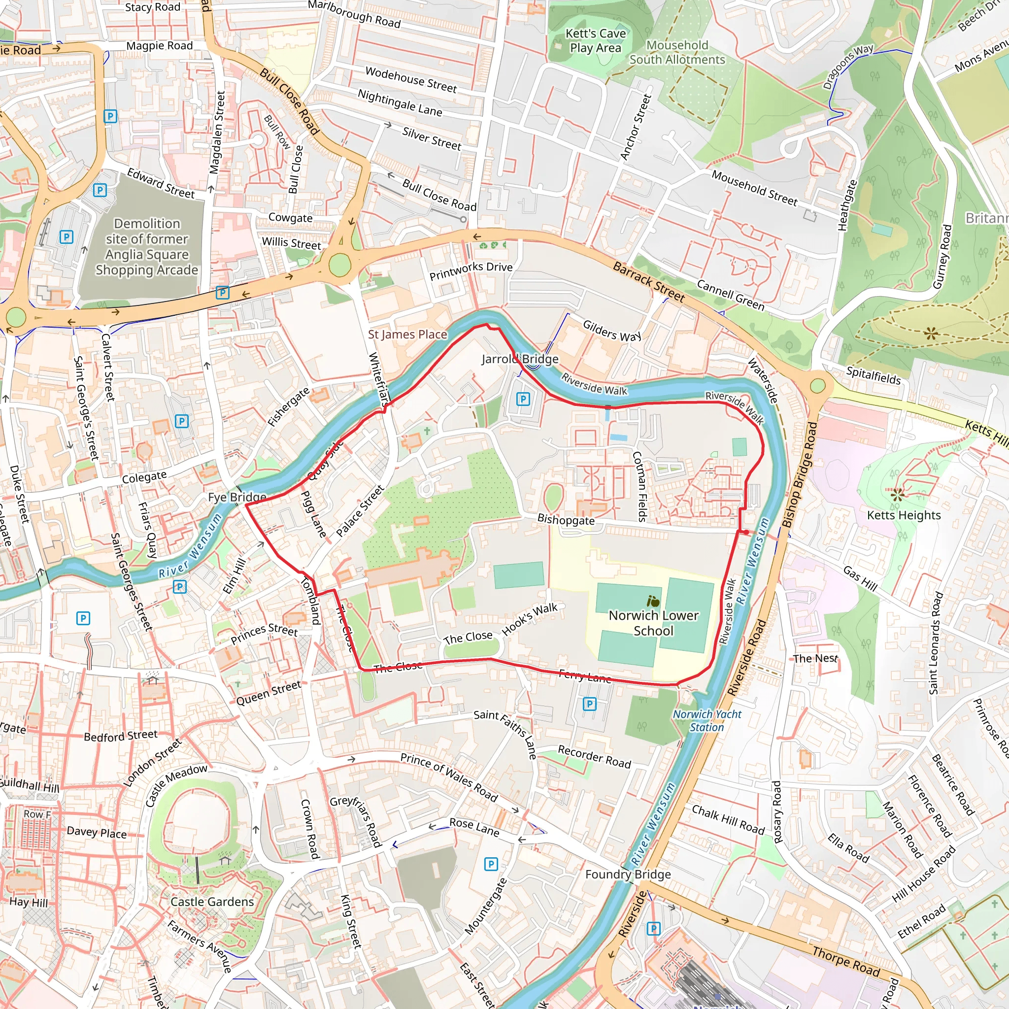 Norwich Riverside and Cathedral Quarter Walk mobile static map