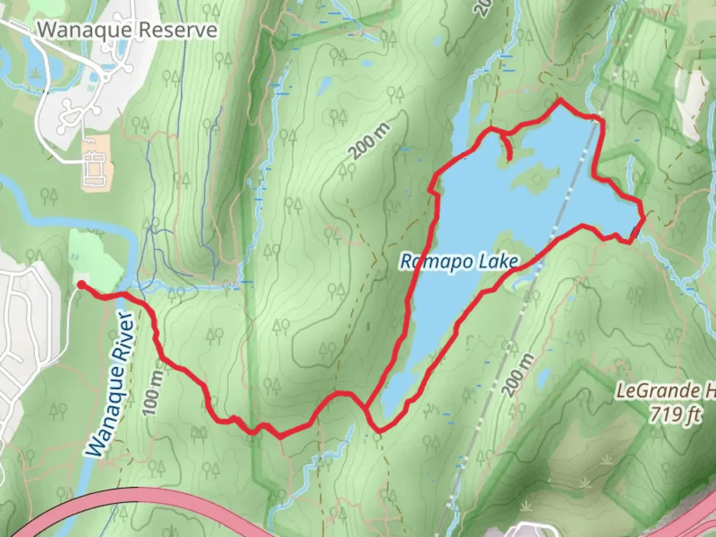 An image depicting the trail Ramapo Lake Loop from Bach Beach Park and its surrounding area.
