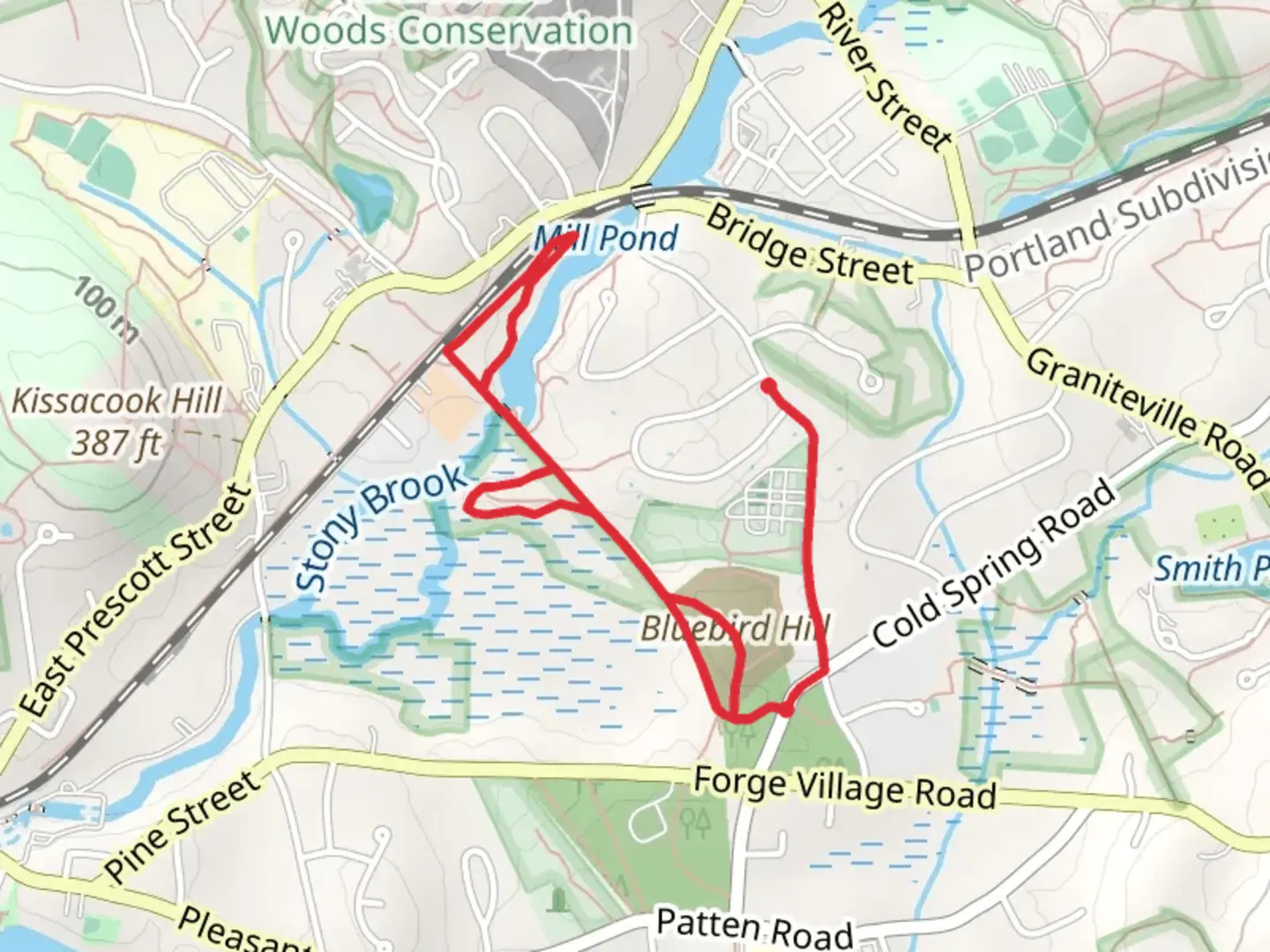 An image depicting the trail Bluebird Hill and Mill Pond Loop via Tom Paul Trail and its surrounding area.