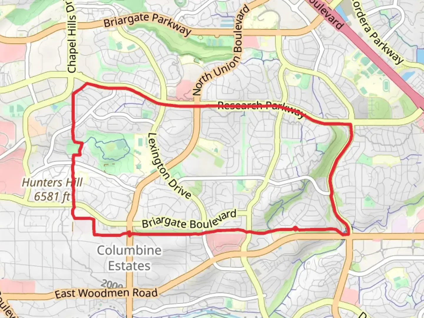An image depicting the trail Woodmen, Skyline and Research Parkway Loop Trail and its surrounding area.