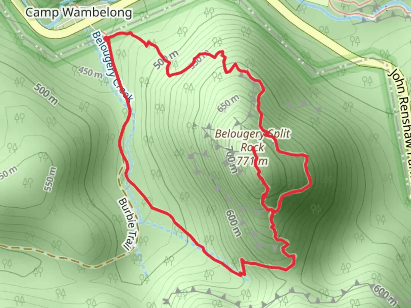 An image depicting the trail Belougery Split Rock Track and its surrounding area.