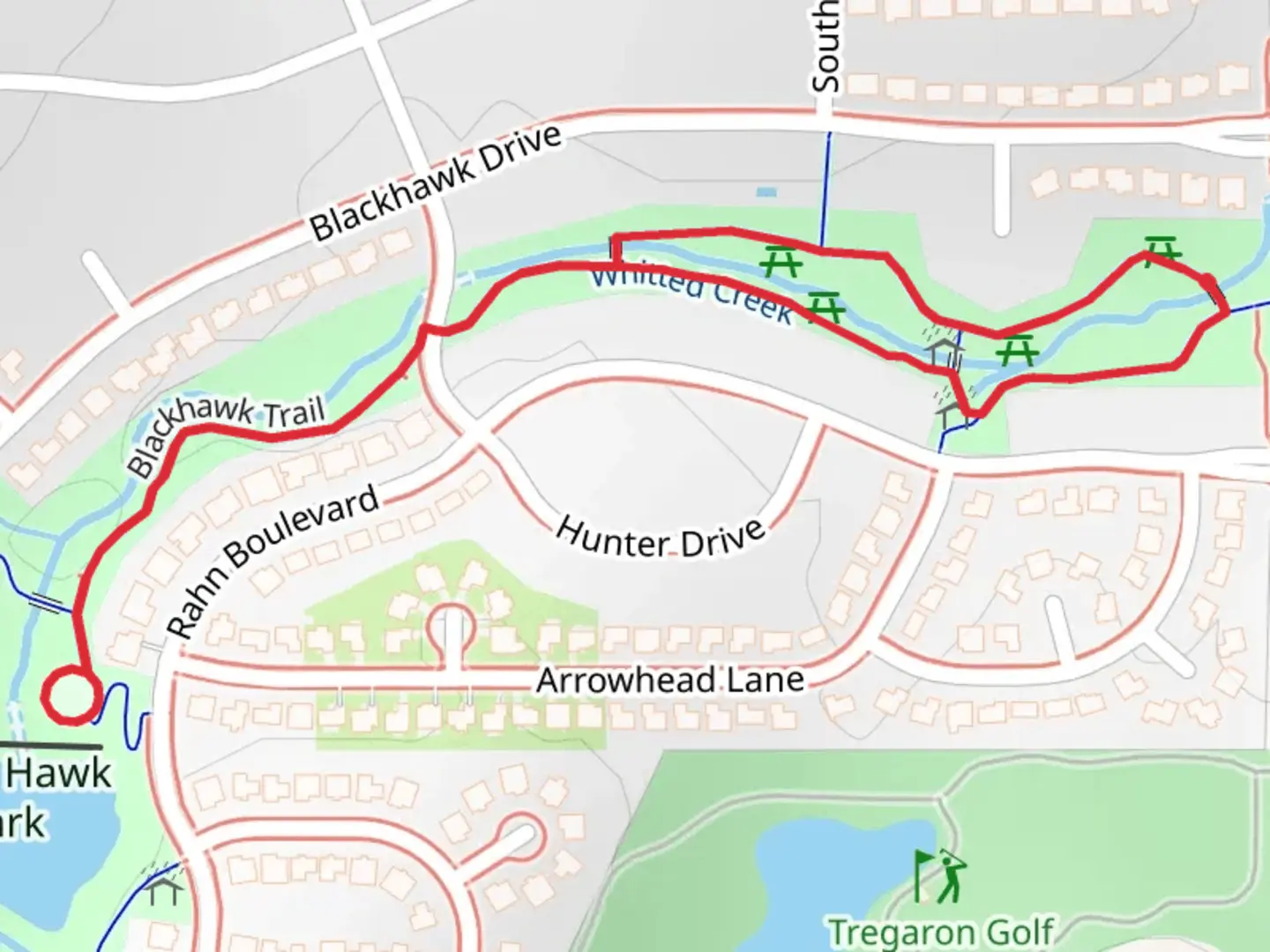 An image depicting the trail Whitted Creek via Blackhawk Trail and its surrounding area.
