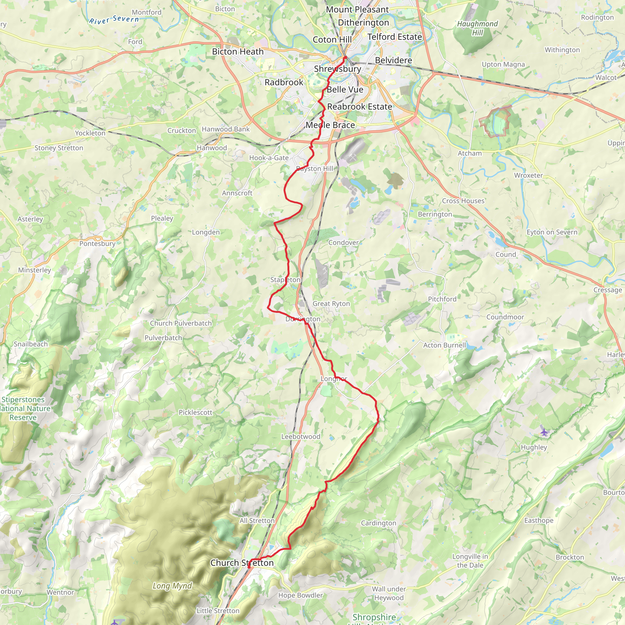 Church Stretton to Shrewsbury Walk mobile static map