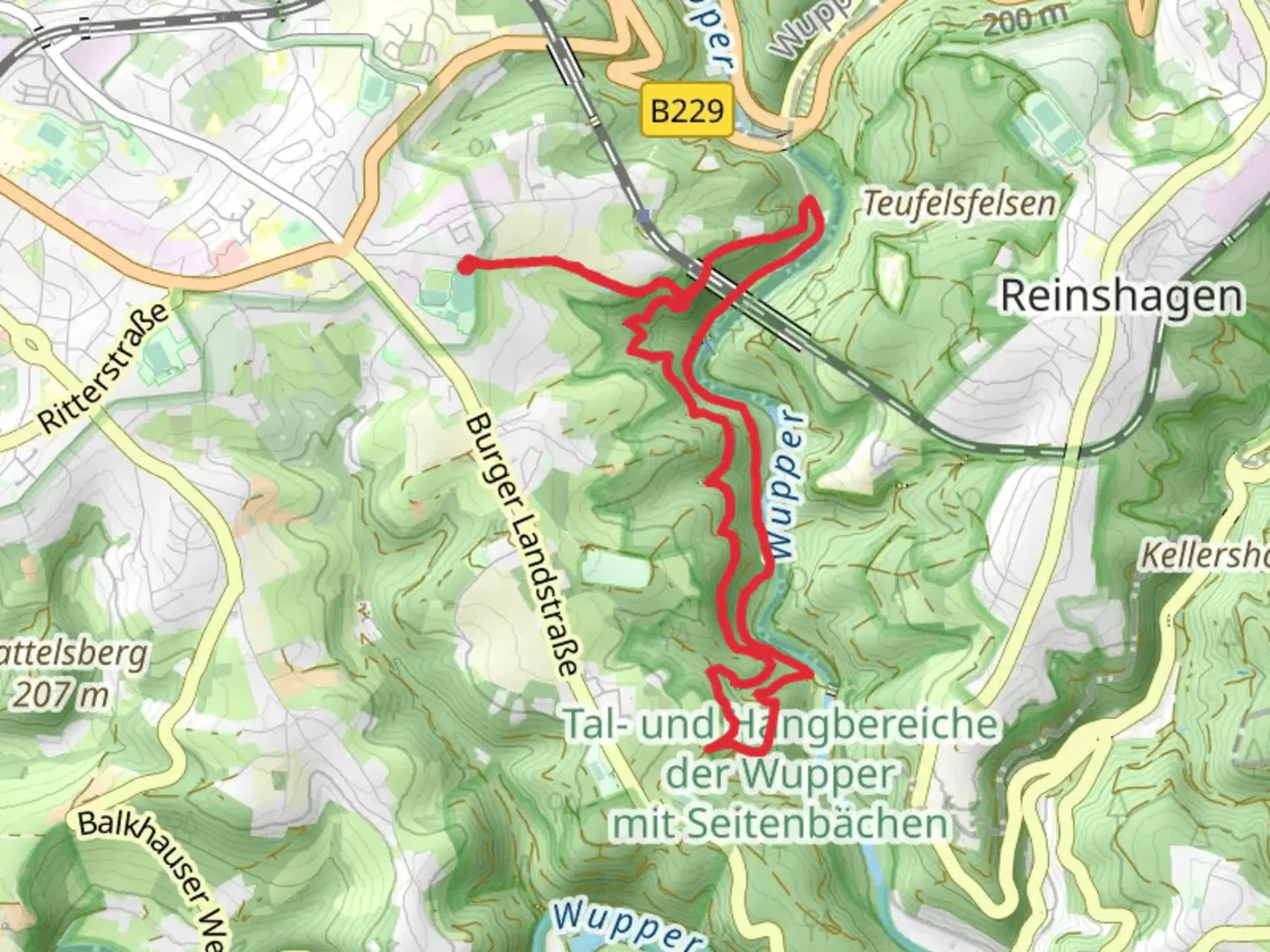 An image depicting the trail Wupperweg and Klingenpfad Loop and its surrounding area.
