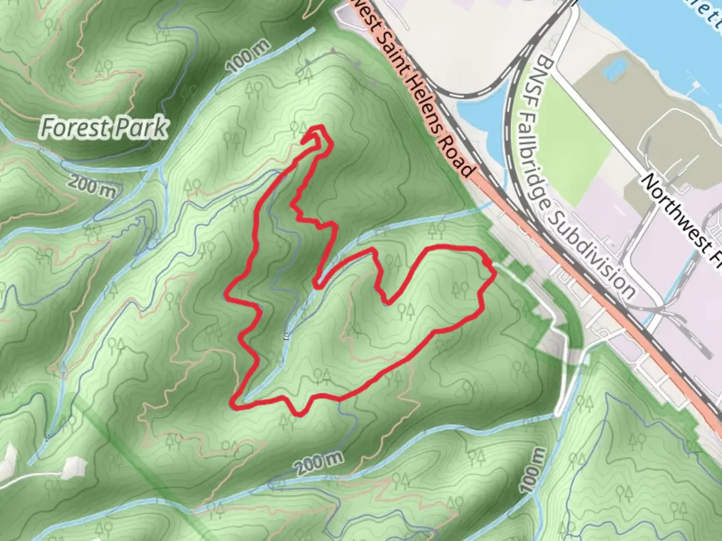 An image depicting the trail Firelane 4, Northwest Leif Erikson Drive and Maple Loop Trail and its surrounding area.
