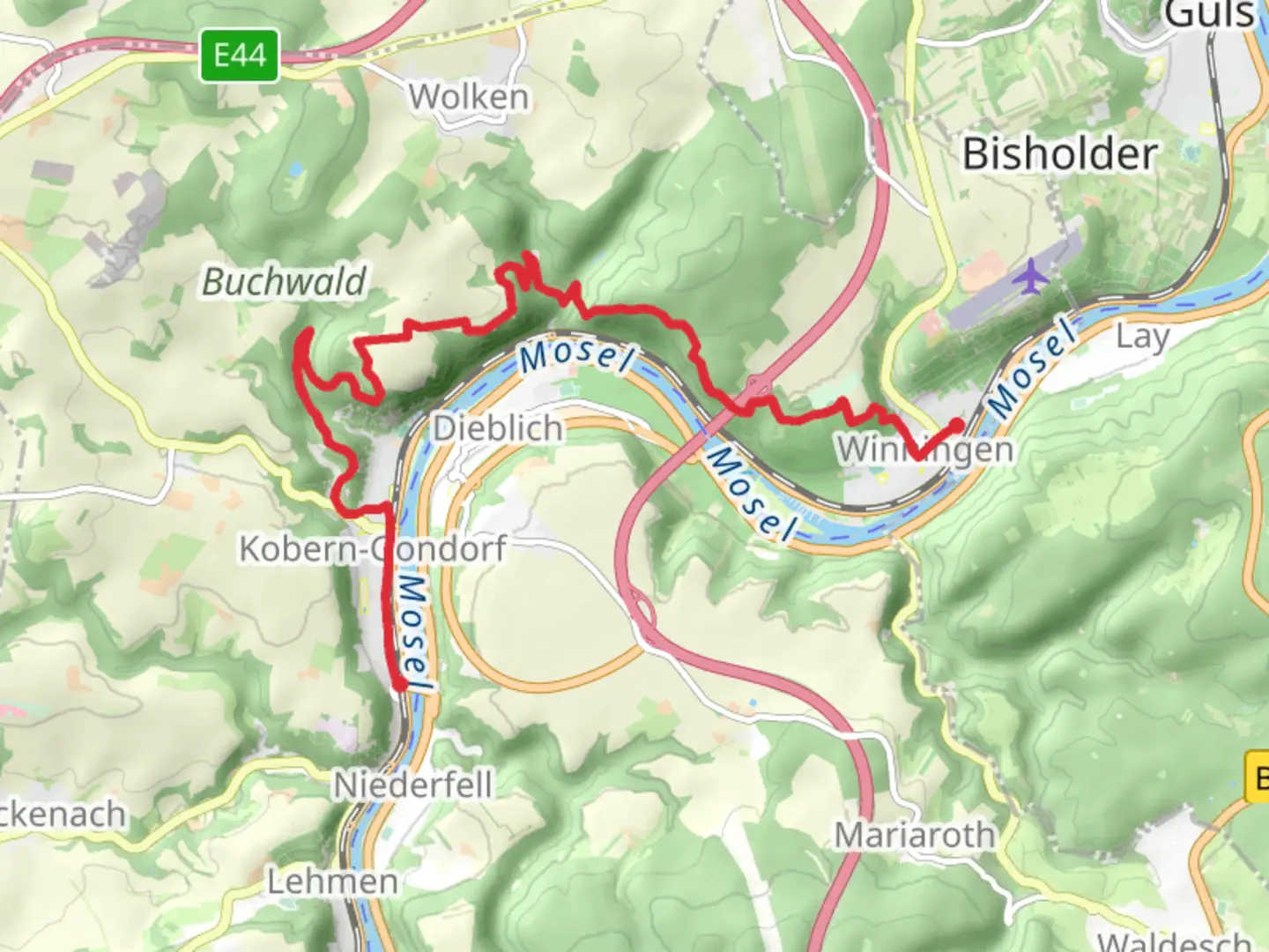 An image depicting the trail Kobern-Gondorf to Winningen via Moselsteig and its surrounding area.