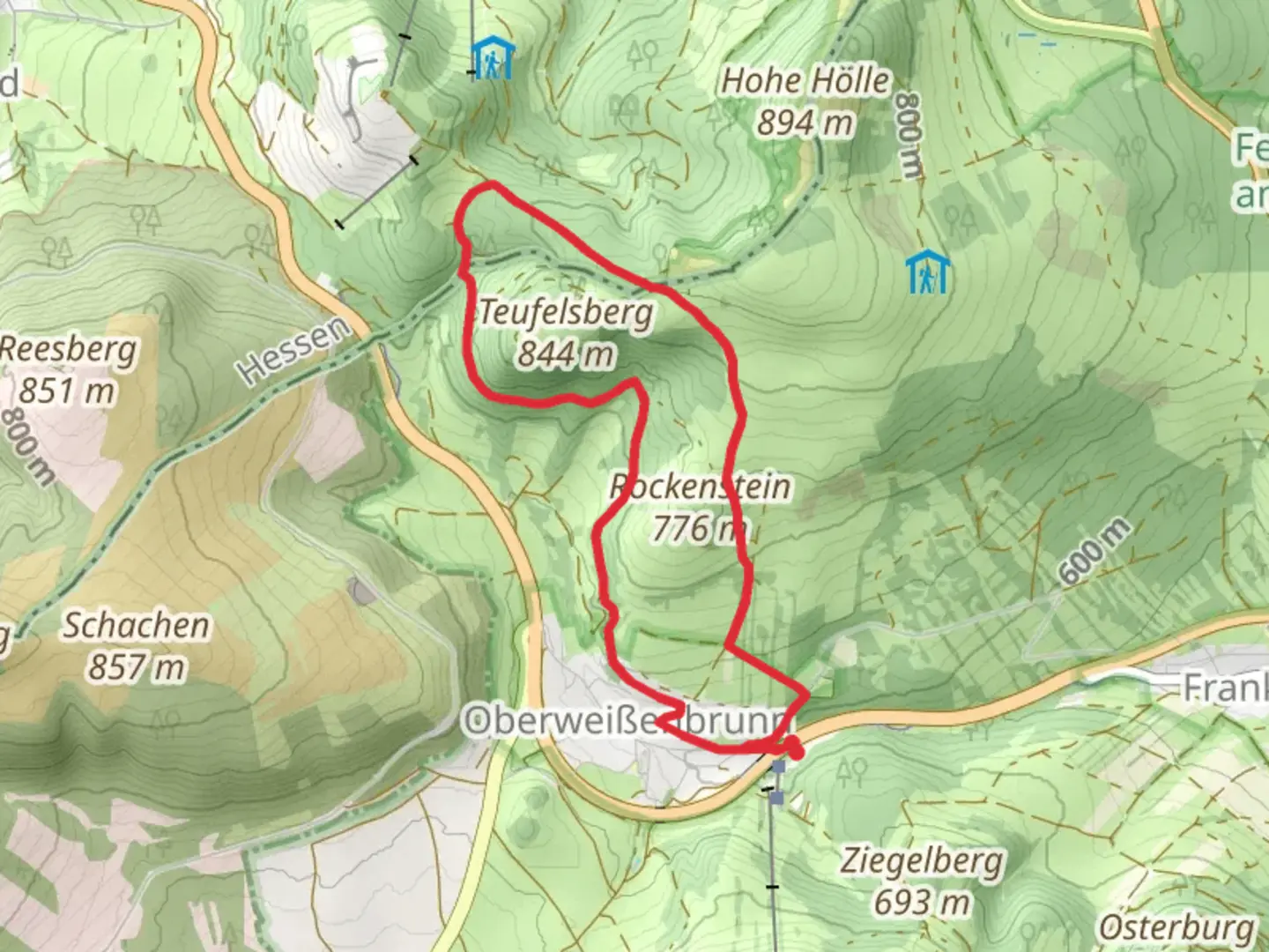 An image depicting the trail Main Werra Weg and Hochrhoener Loop and its surrounding area.