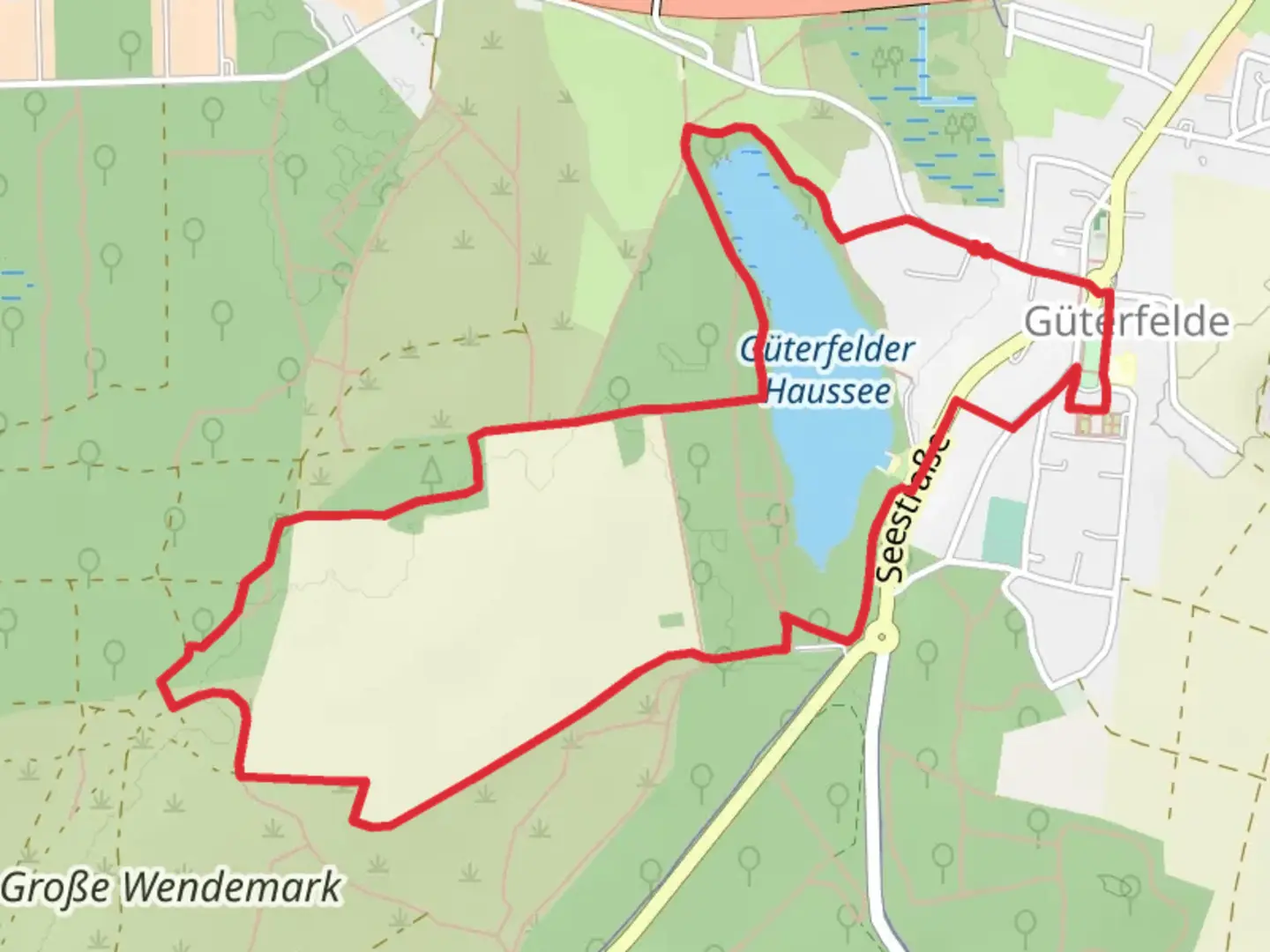 An image depicting the trail Güterfelder Haussee Loop and its surrounding area.