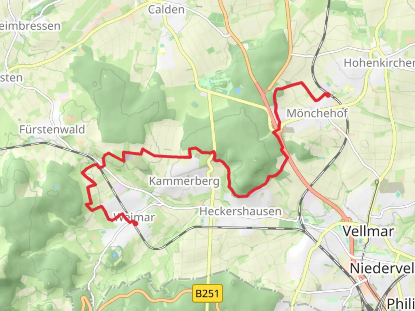 An image depicting the trail Ahnatal-Weimar to Espenau-Moenchehof via Kasselsteig and its surrounding area.