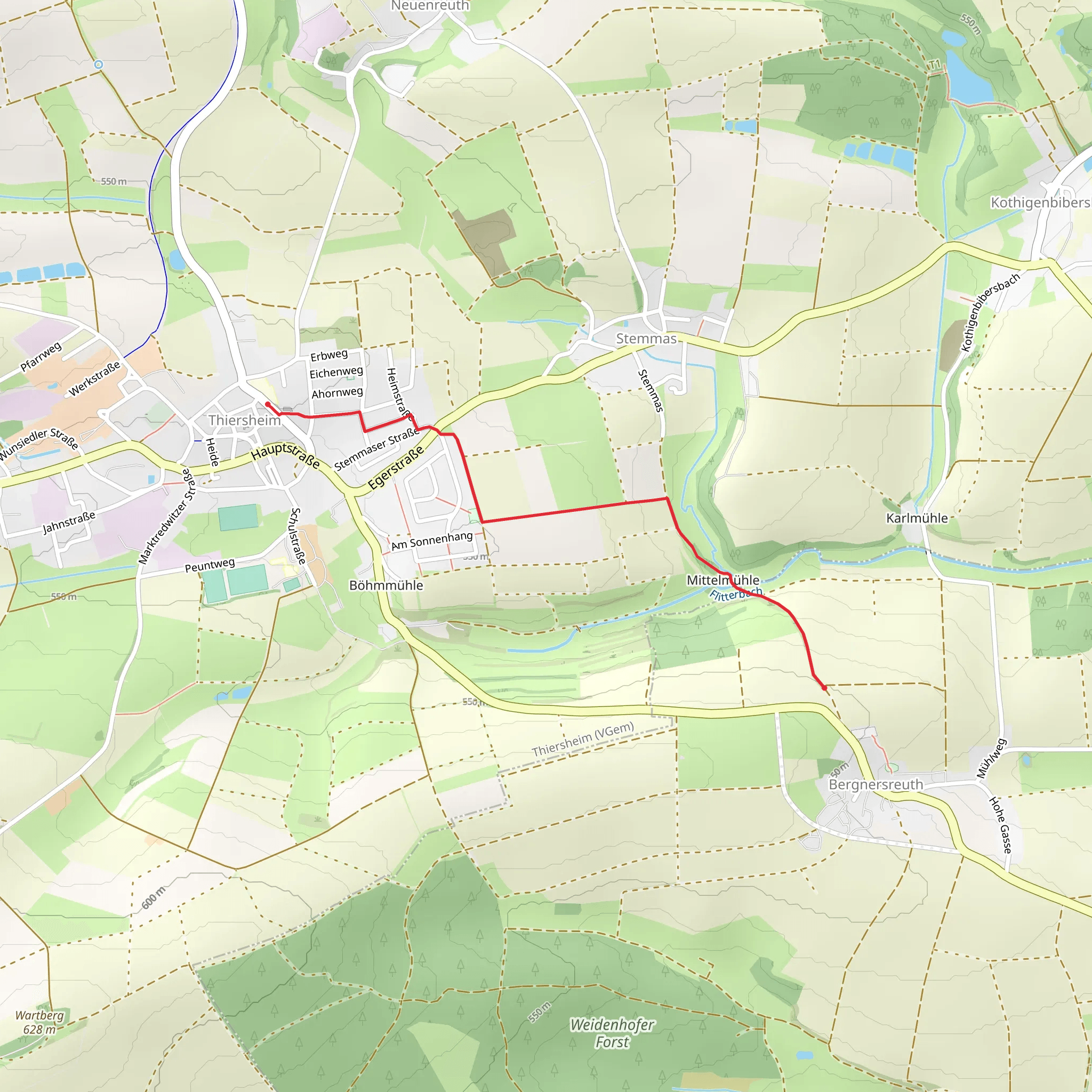 Thiersheim to Bergnersreuth Walk mobile static map
