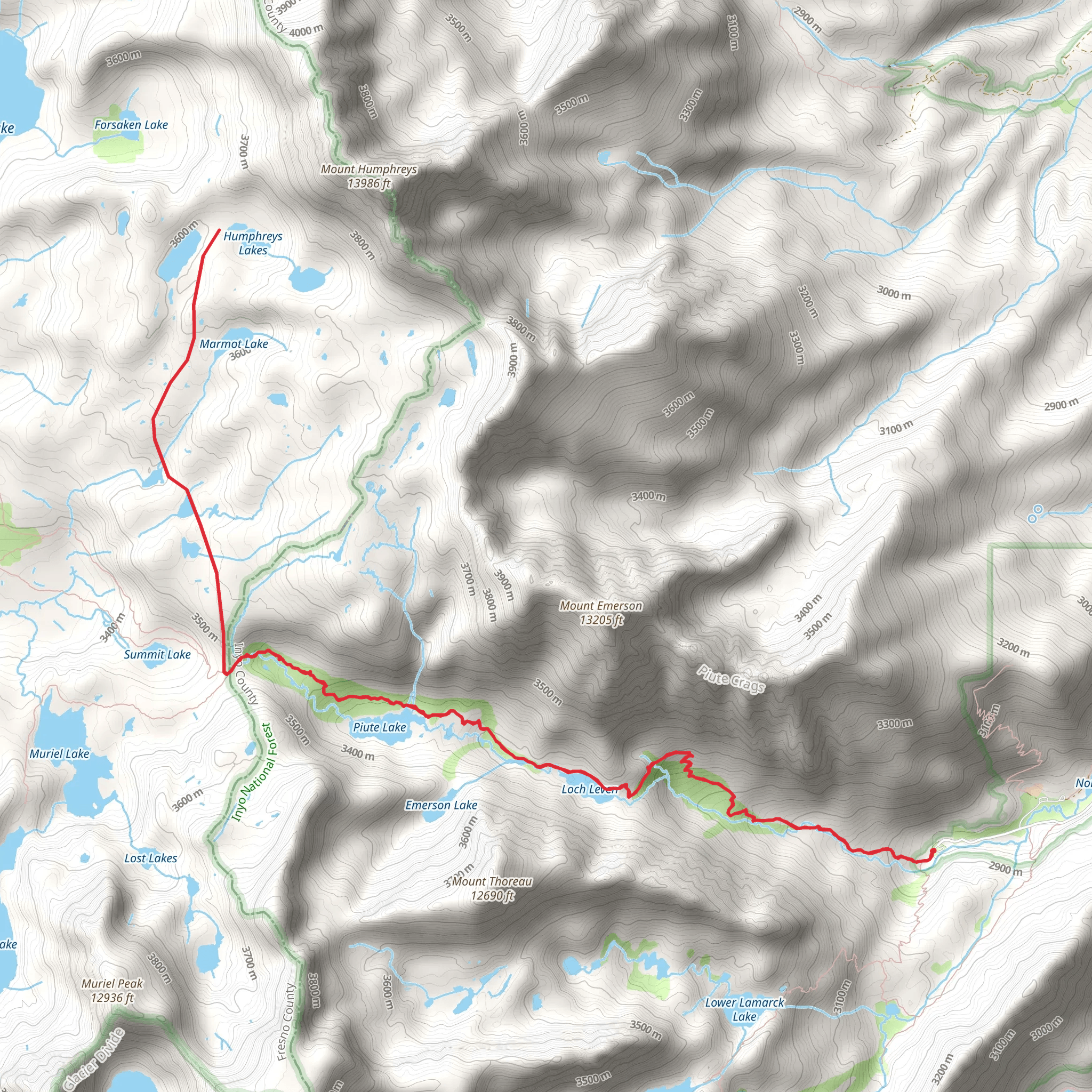 Humphreys Lakes via Piute Pass Trail mobile static map