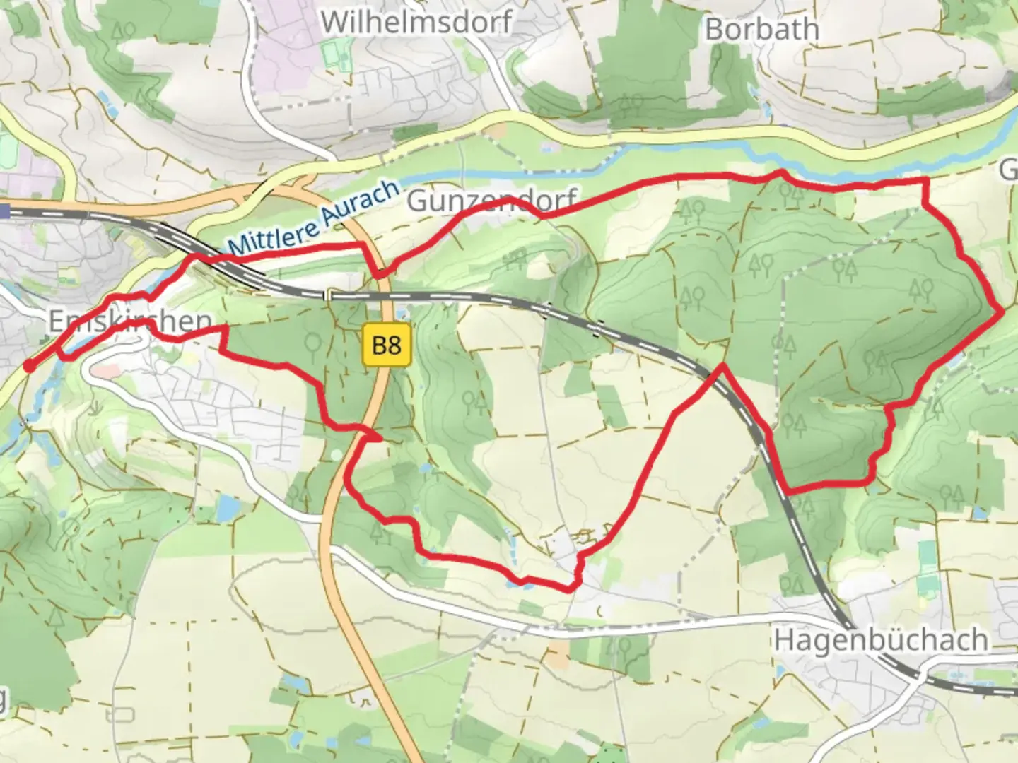 An image depicting the trail Emskirchen Rundwanderweg and its surrounding area.