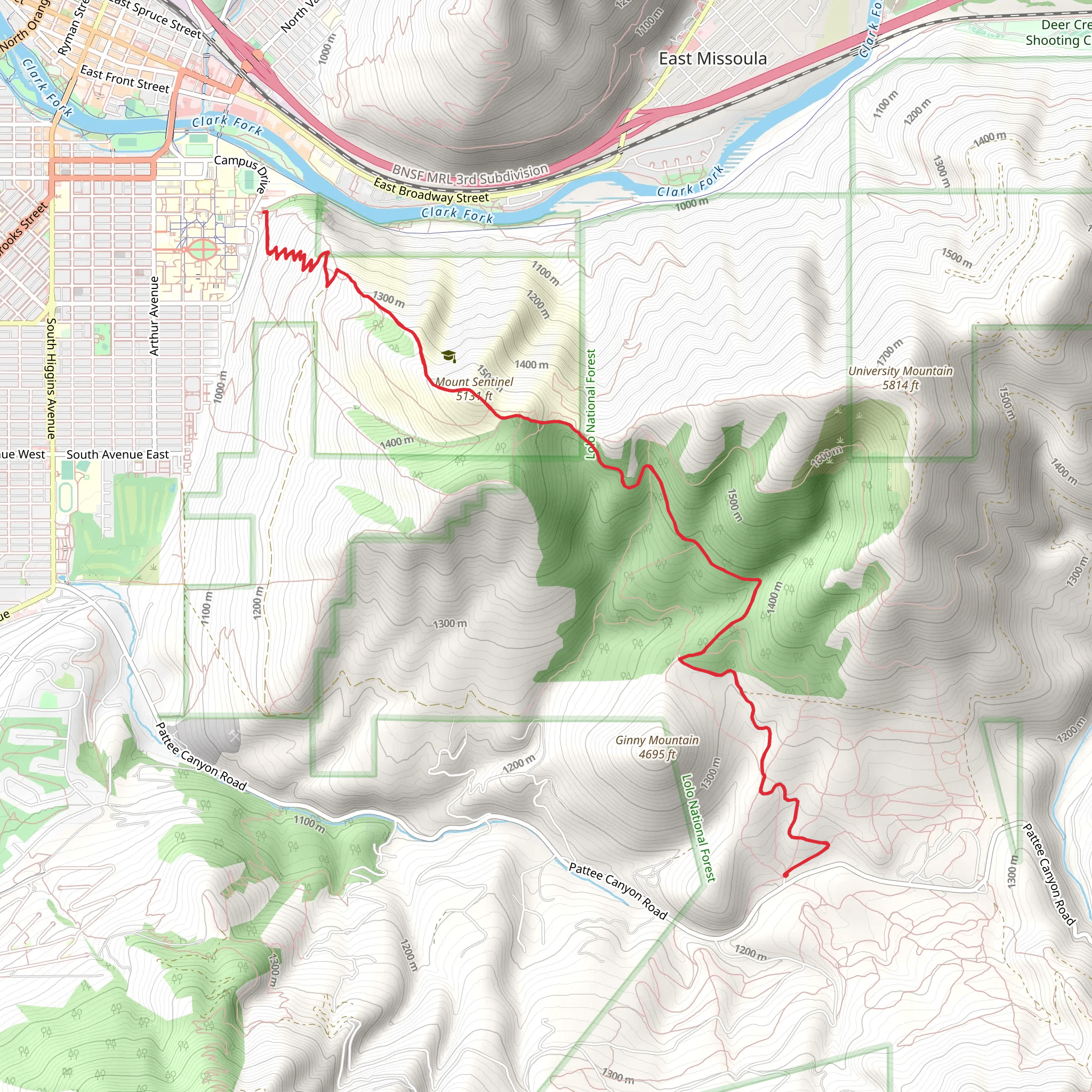 Mount Sentinel via Hellgate Ridgeline Out and Back mobile static map