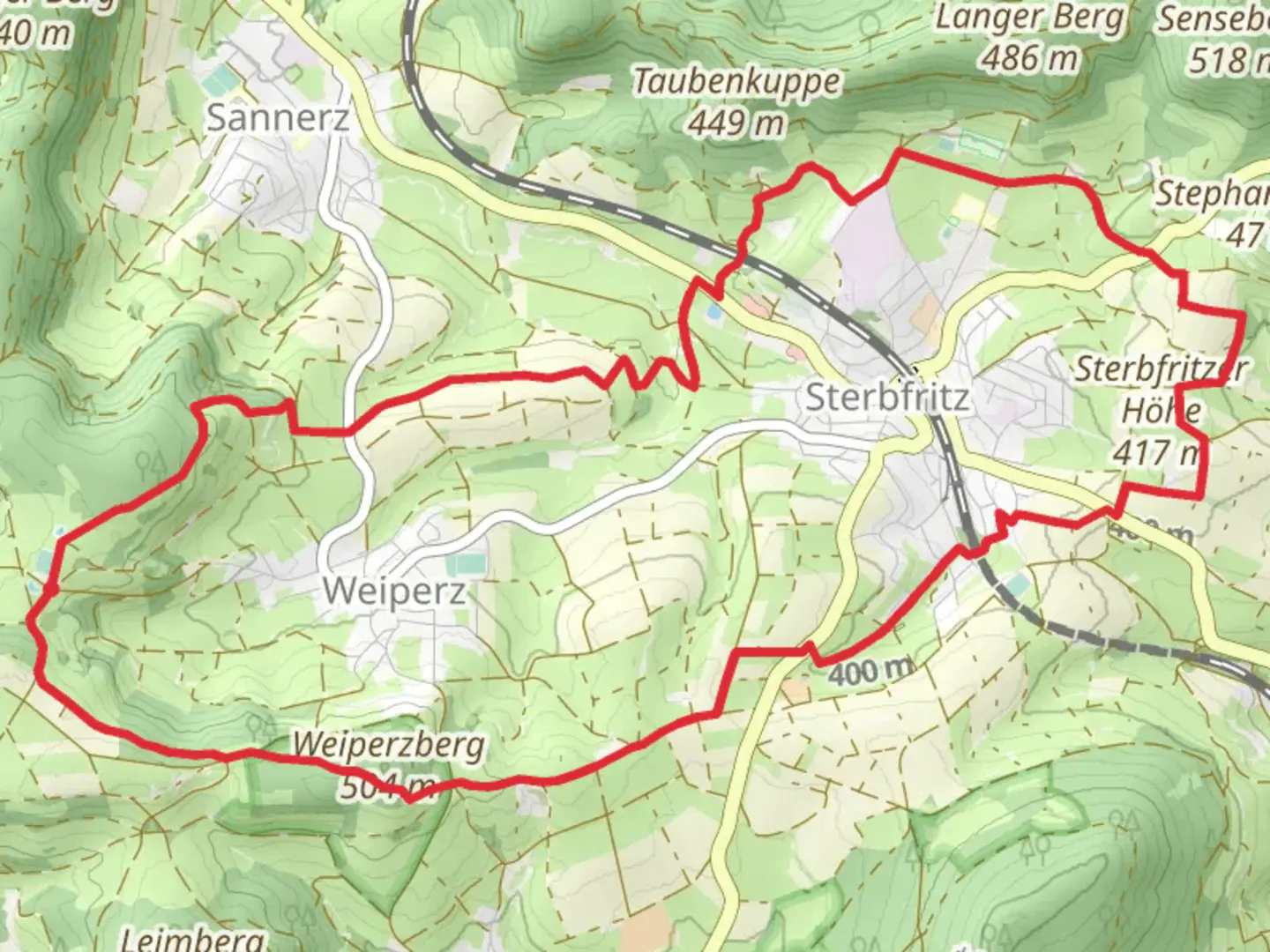 An image depicting the trail Weiperz and Sterbfritz Loop via Weiperzberg and its surrounding area.