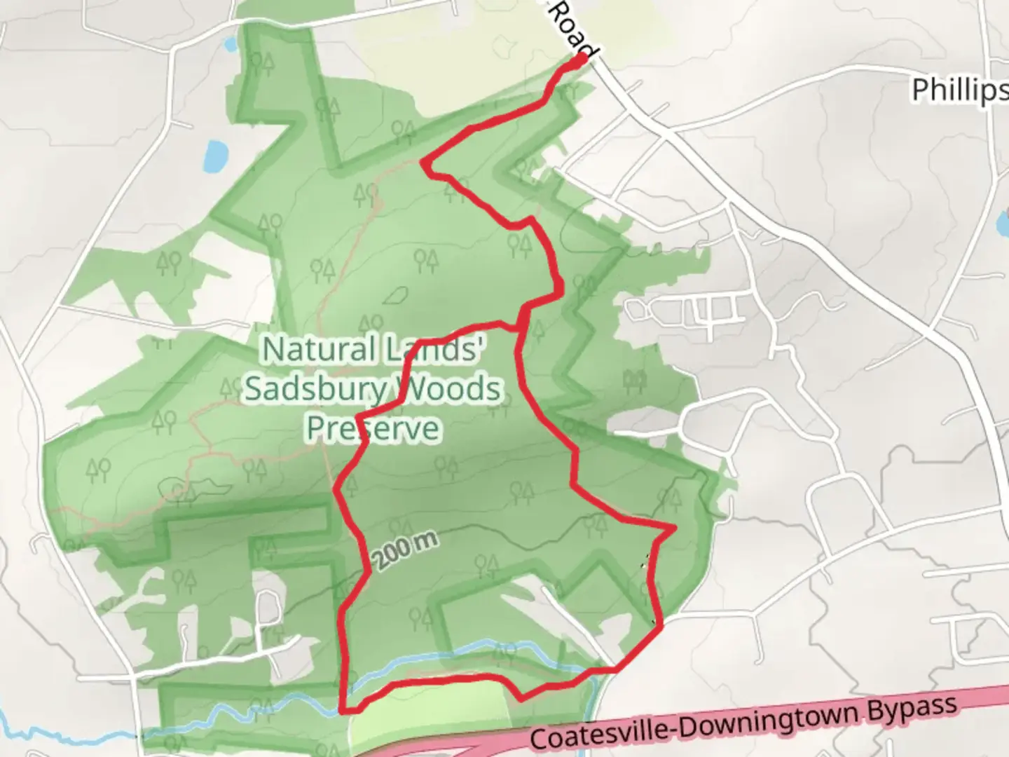 An image depicting the trail Sadbury Wood Loop and its surrounding area.