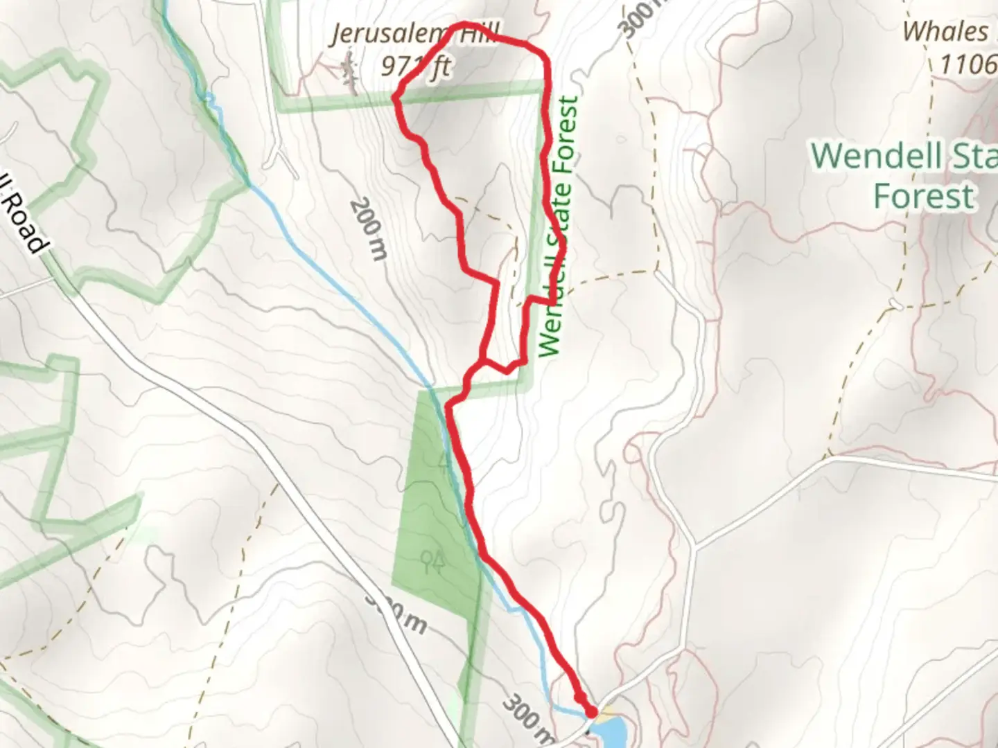 An image depicting the trail Jerusalem Hill Loop from Loop Laurel Road and its surrounding area.