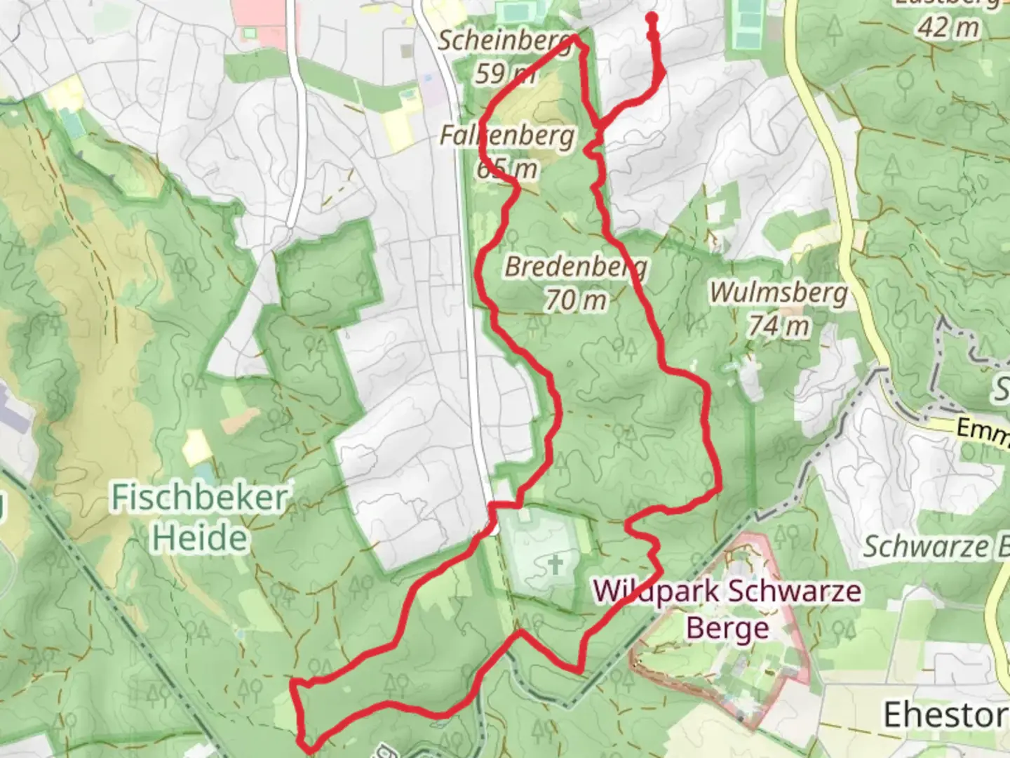 An image depicting the trail Schwere Tour Heide Loop and its surrounding area.