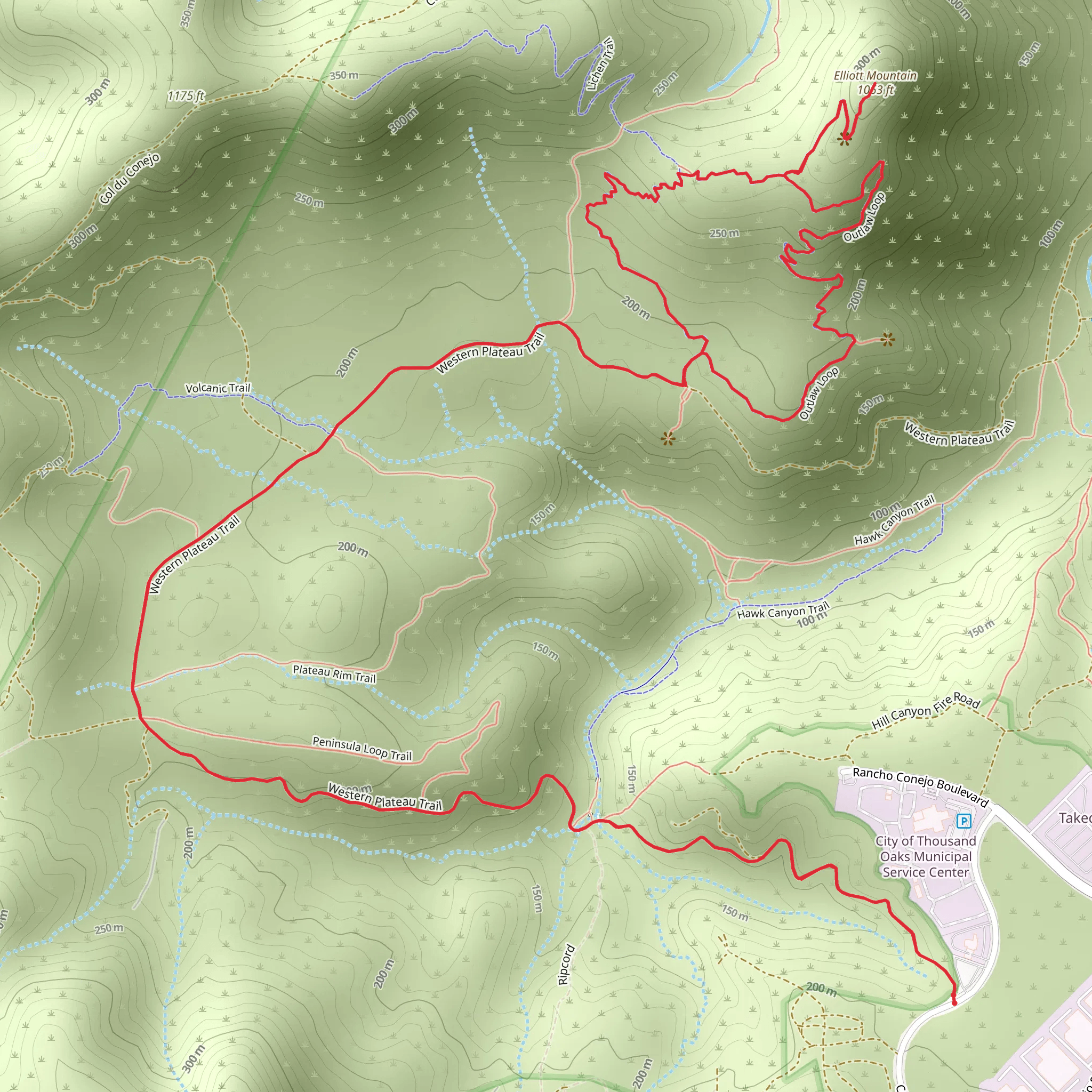 Elliott Mountain, Outlaw Loop via Western Plateau Trail mobile static map