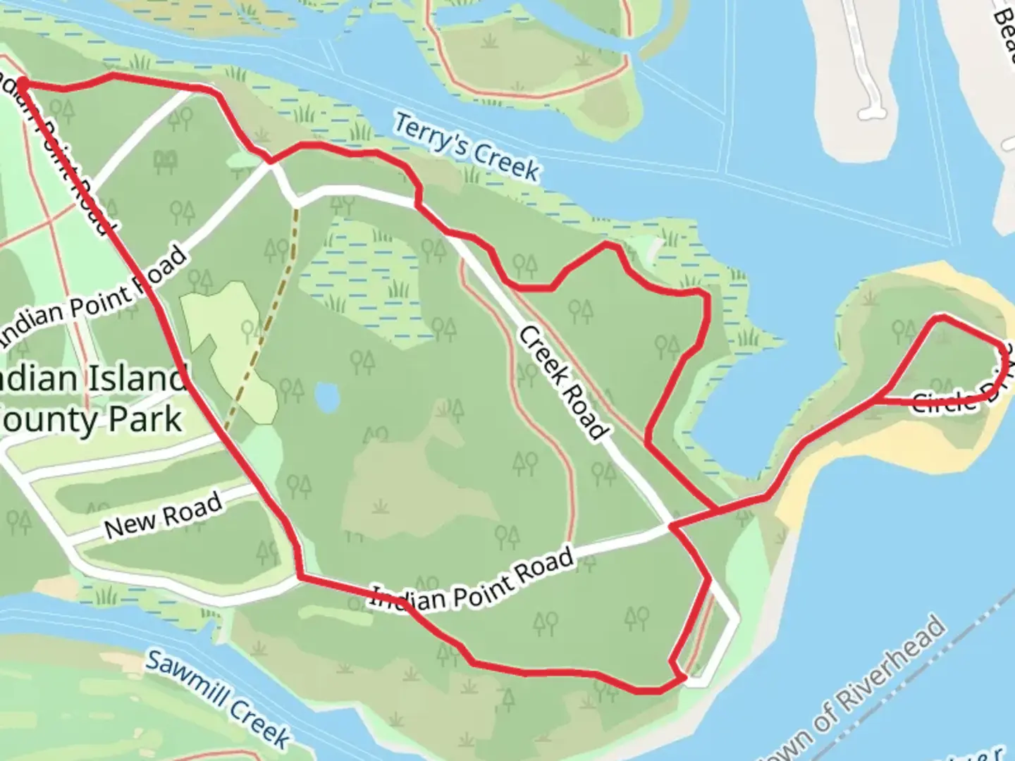 An image depicting the trail Terry's Creek in Indian Island County Park and its surrounding area.