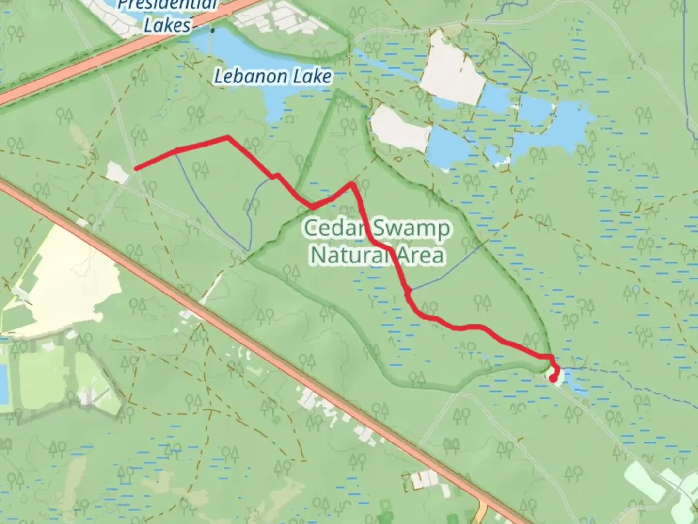 An image depicting the trail Batona Trail and Cranberry - Red Trail and its surrounding area.