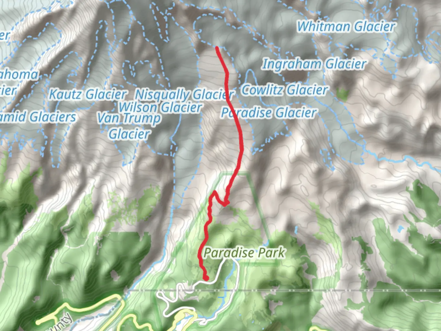 An image depicting the trail Camp Muir and Panorama Point via Skyline Trail and its surrounding area.