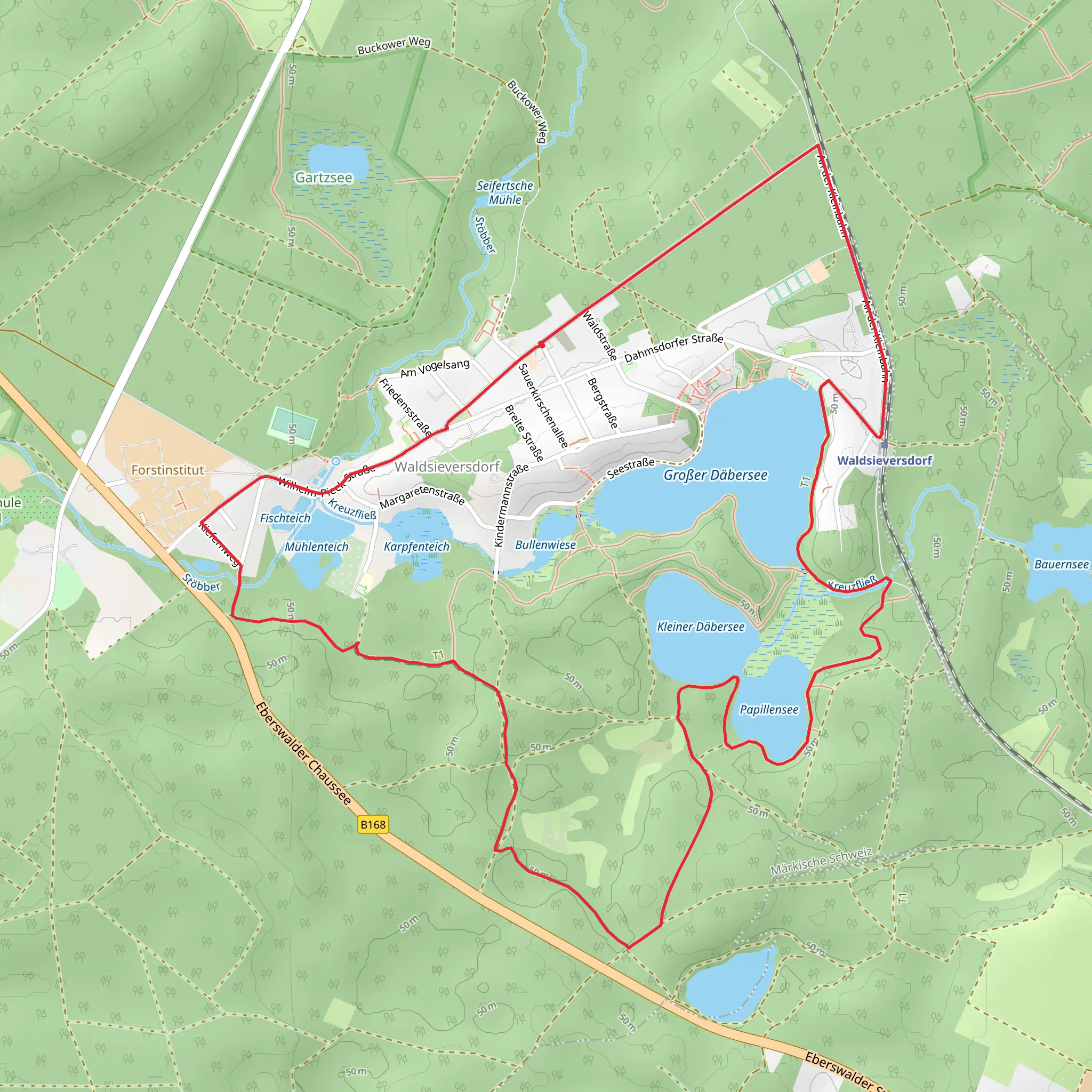 Kleiner Däbersee, Großer Däbersee and Papillensee via Rundwanderweg Kesselsee mobile static map