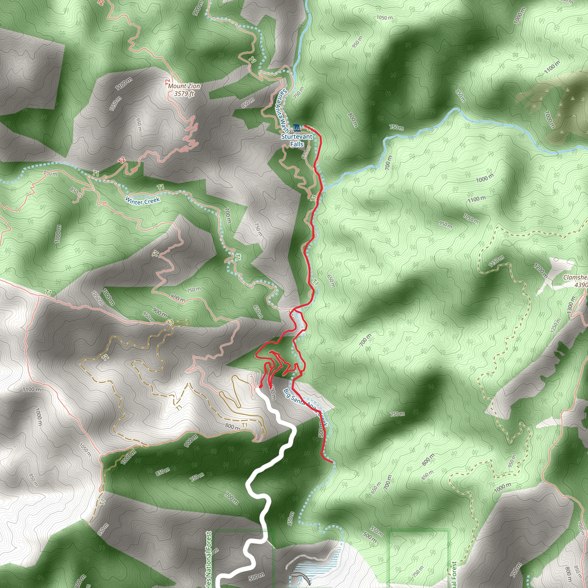 Gabrielino NRT, Upper Winter Trail and Big Santa Anita Creek Loop mobile static map
