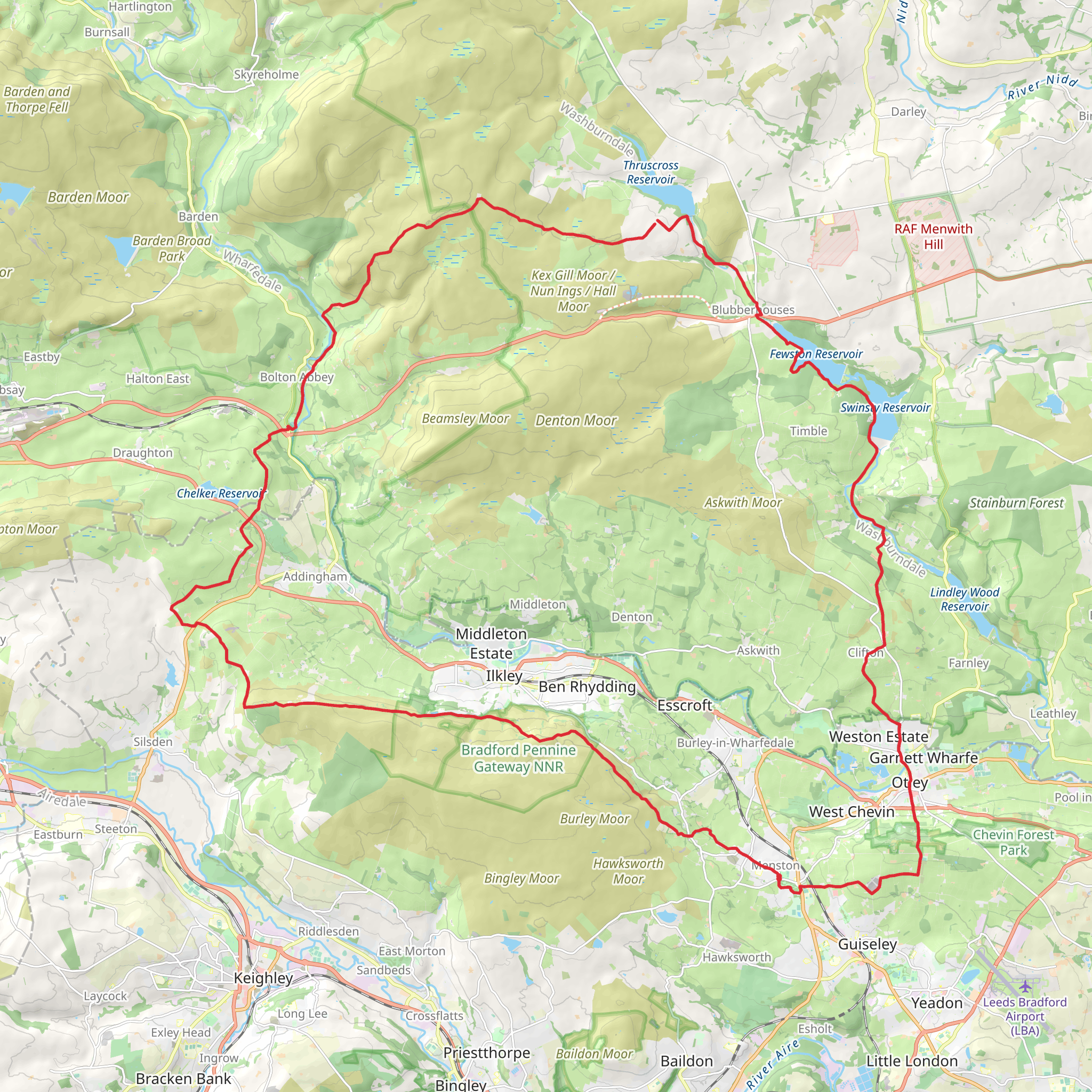Menston to Rocking Hall Loop via River Wharf and River Washburn mobile static map