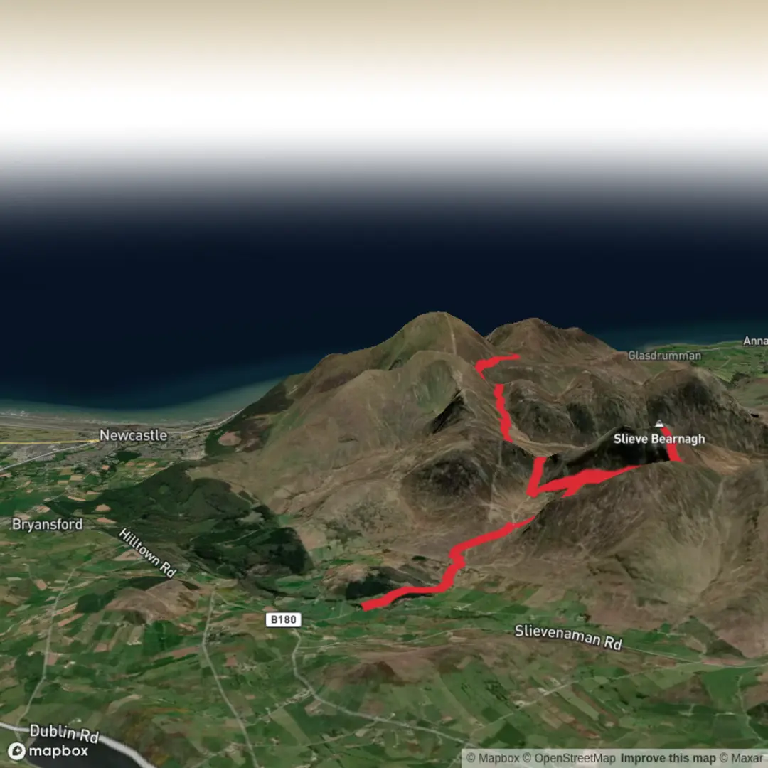 An image depicting the trail Trassey - Bearnagh - Bloody bridge and its surrounding area.