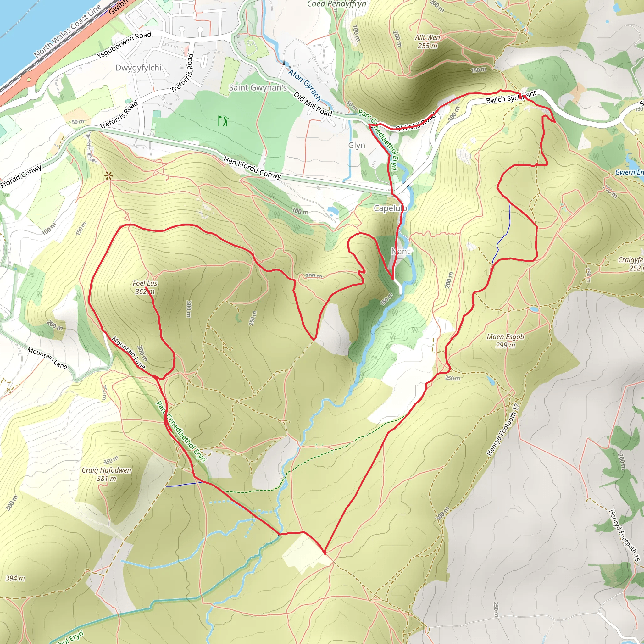 Foel Lus and Jubilee Path from Sychnant Pass mobile static map