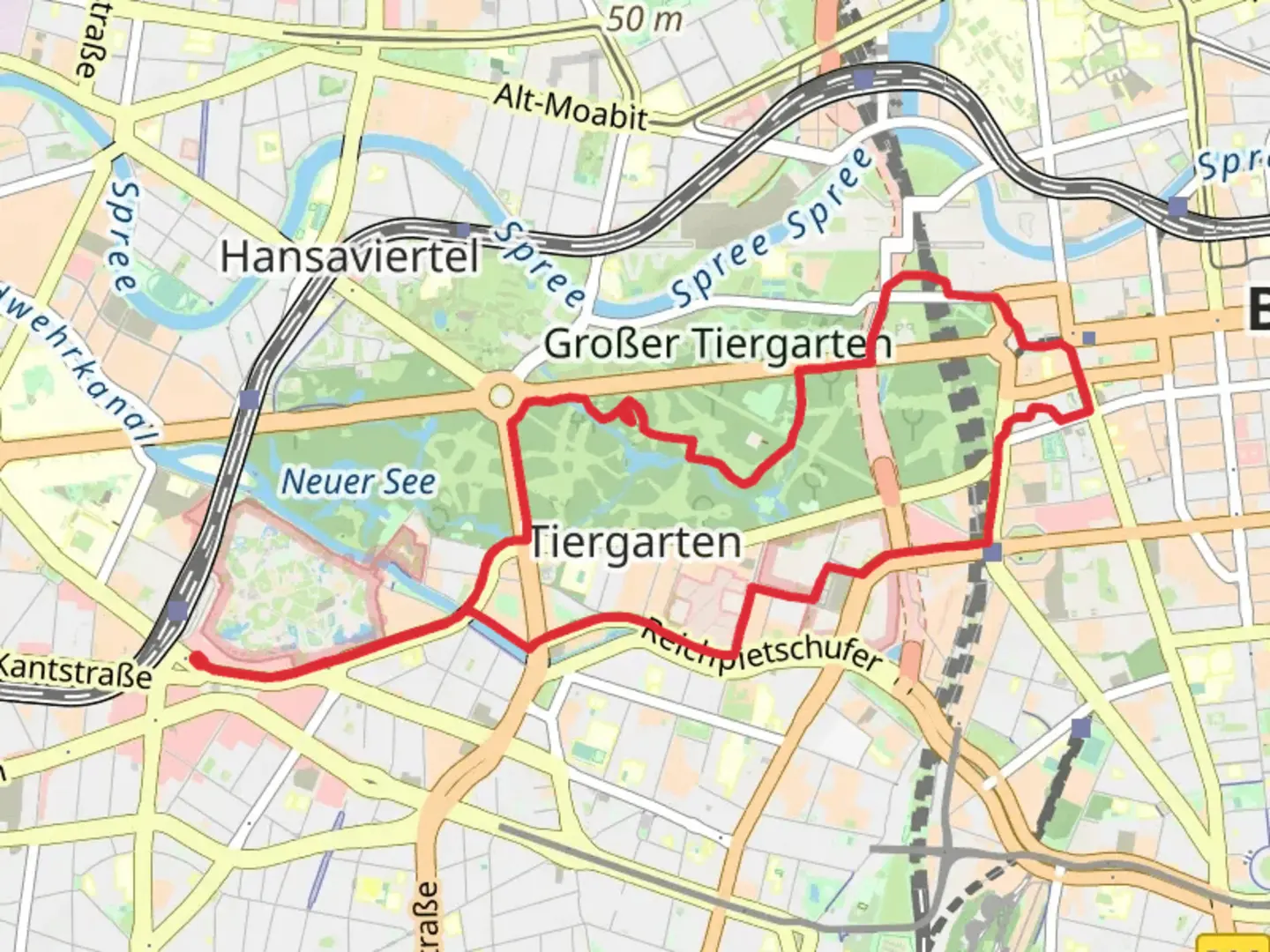 An image depicting the trail Großer Tiergarten via Große Querallee and its surrounding area.