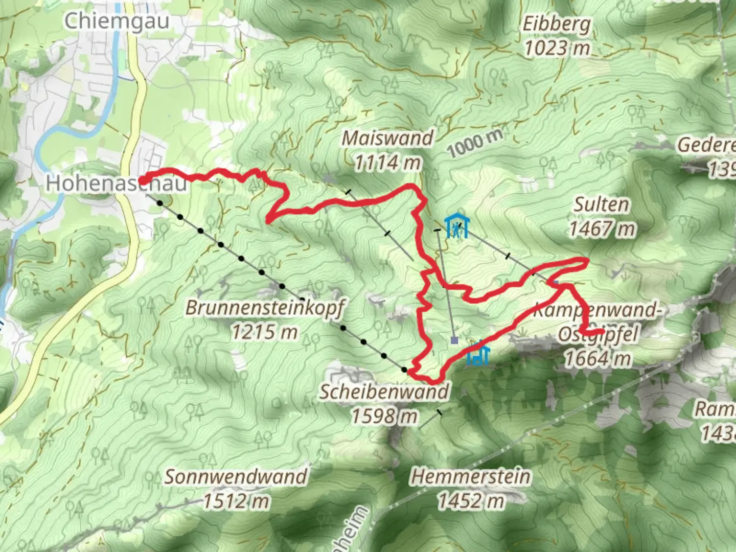 An image depicting the trail Kampenwand Innerer via Ziehweg and Kaisersale and its surrounding area.
