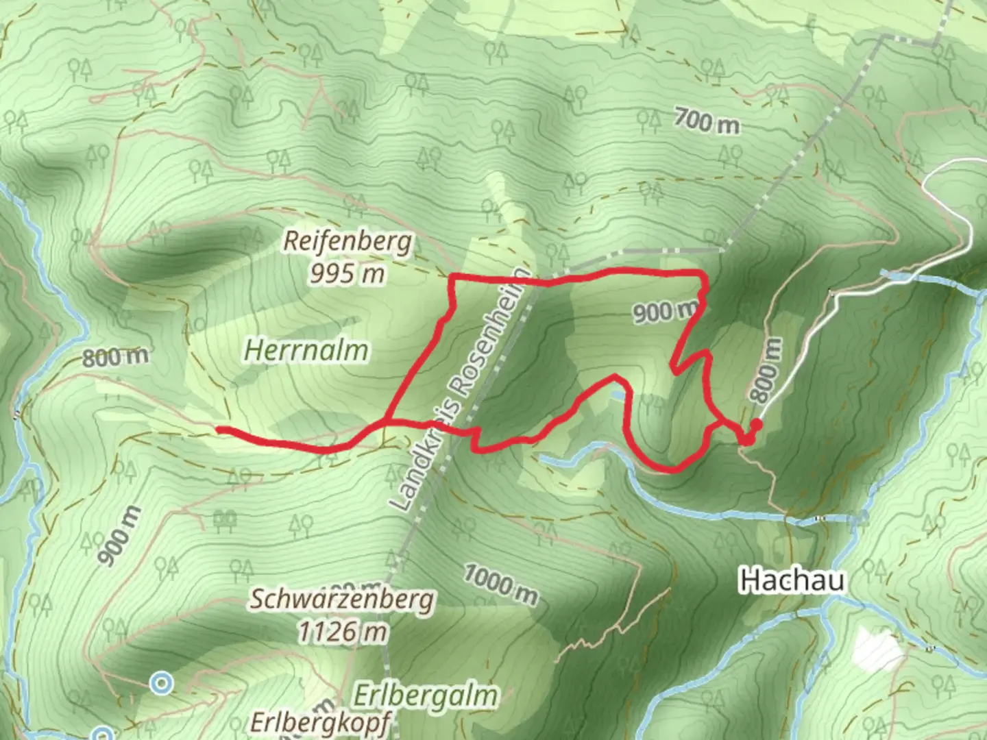 An image depicting the trail Herren-Alm Loop via Adersberg Höhenrundweg and its surrounding area.
