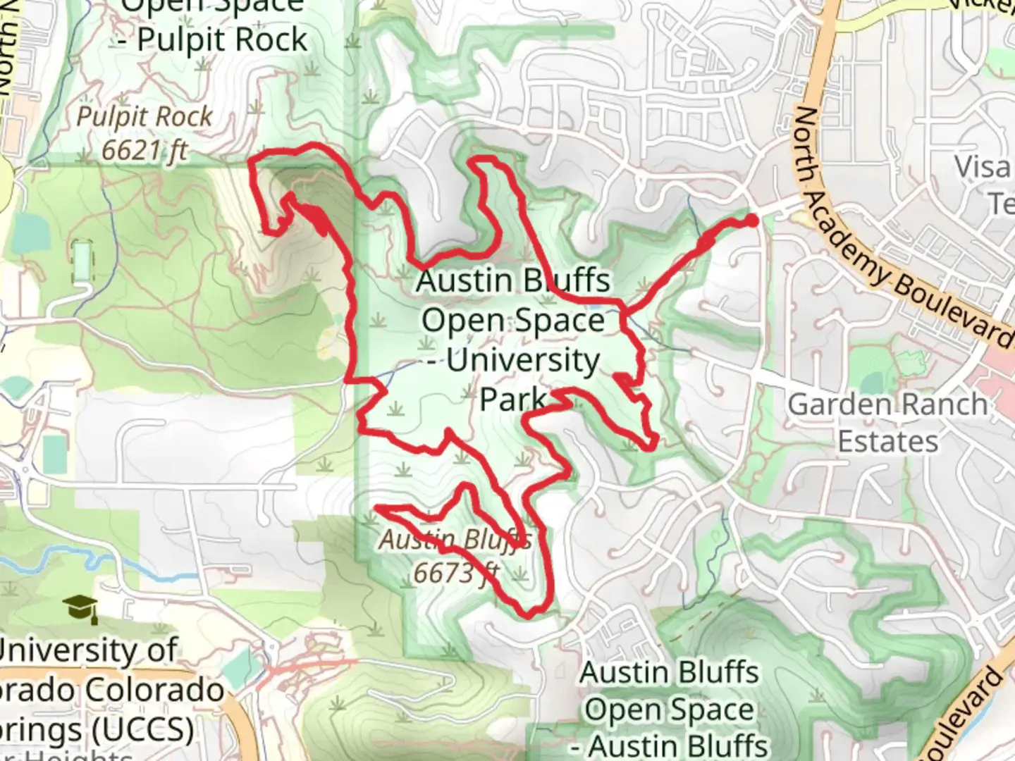 An image depicting the trail UCCS Campus Garden, and Austin Bluffs Loop and its surrounding area.