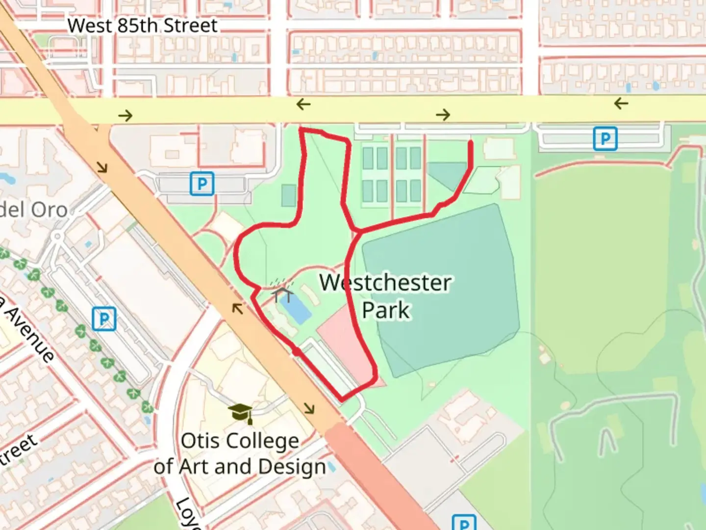 An image depicting the trail Westchester Park Loop and its surrounding area.