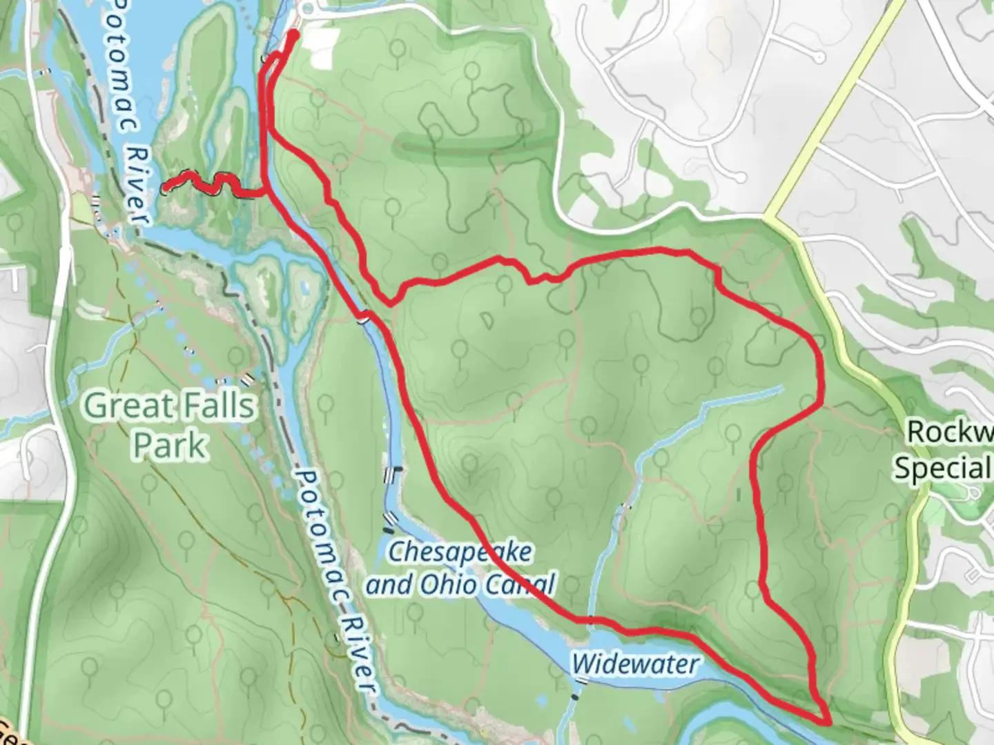 An image depicting the trail Chesapeake - Ohio Canal and Anglers Spur Loop and its surrounding area.