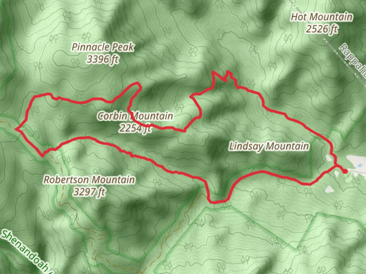 An image depicting the trail Weakley Hollow Fire Road, Corbin Mountain and Nicholson Hollow Loop Trail and its surrounding area.