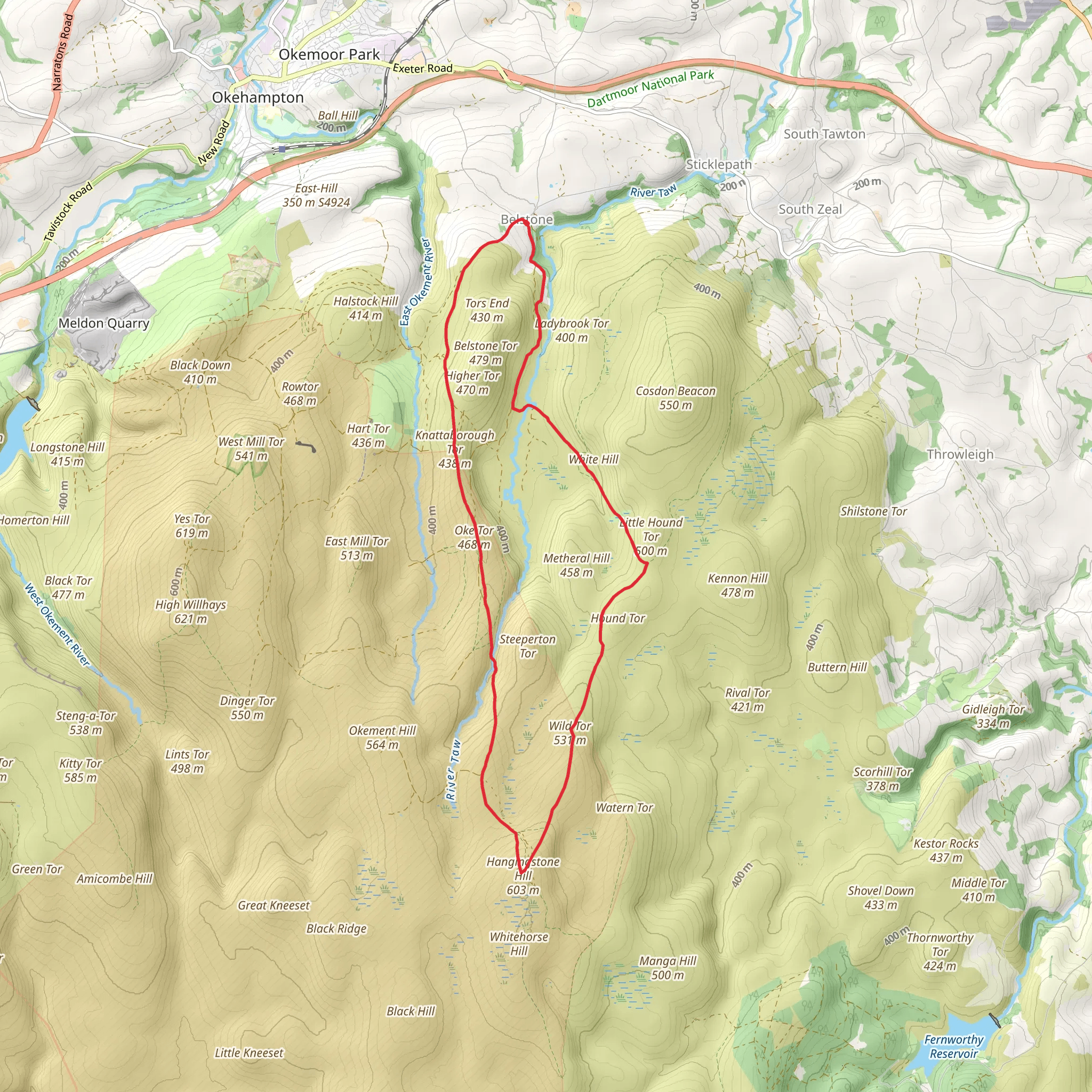 Knattaborough Tor, Oke Tor, Hangingstone Hill and Wild Tor Loop - Belstone mobile static map