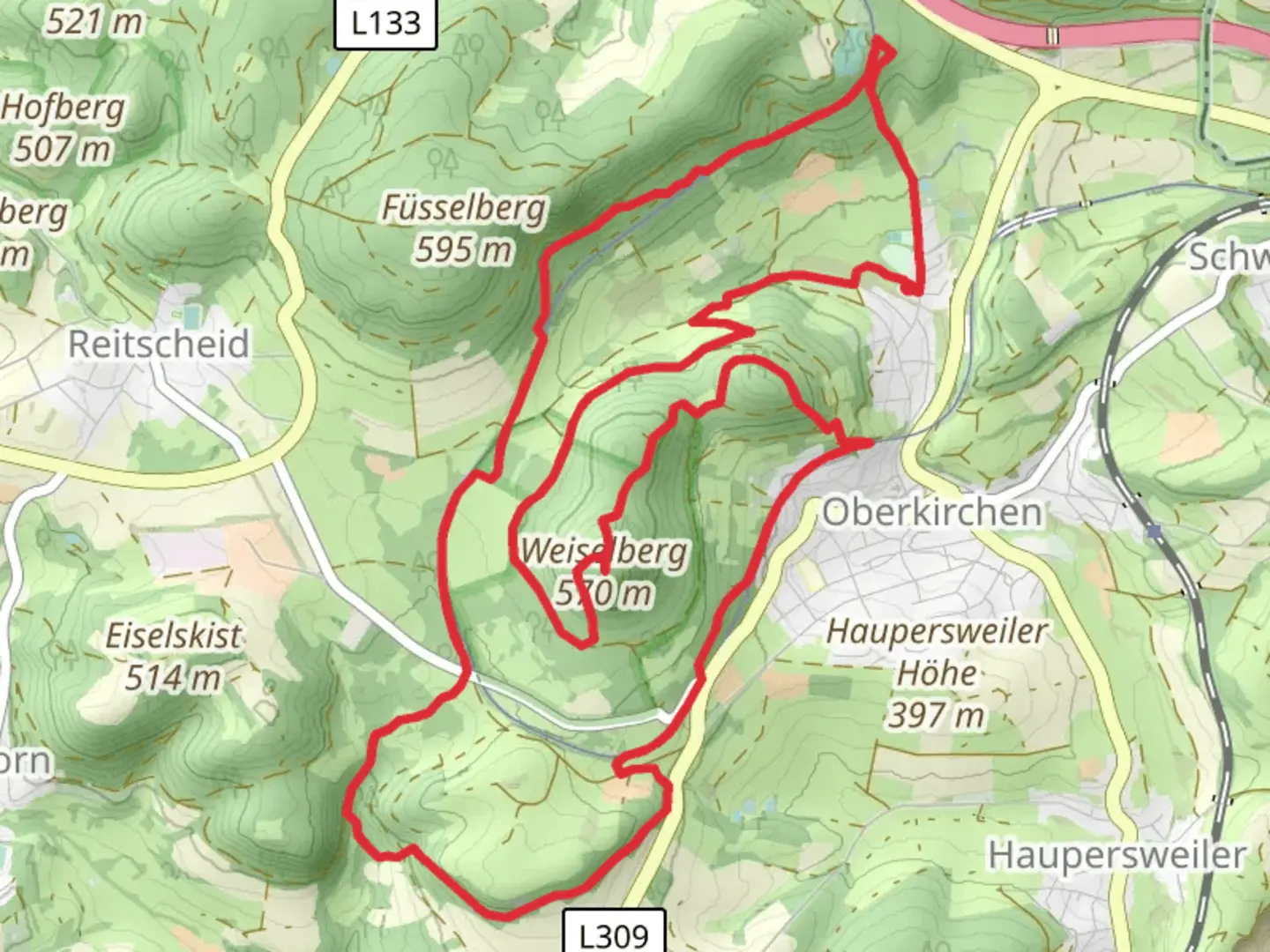 An image depicting the trail Weiselberg Loop via Oberkirchen and its surrounding area.