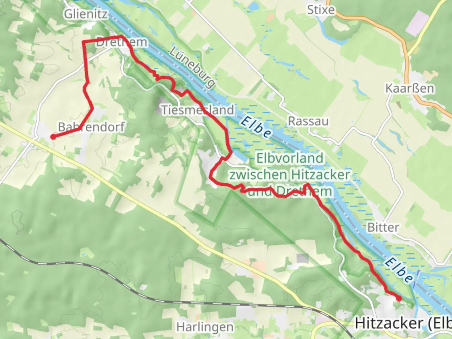 An image depicting the trail Weinberg to Wietzetze via Elbhoehenweg and its surrounding area.
