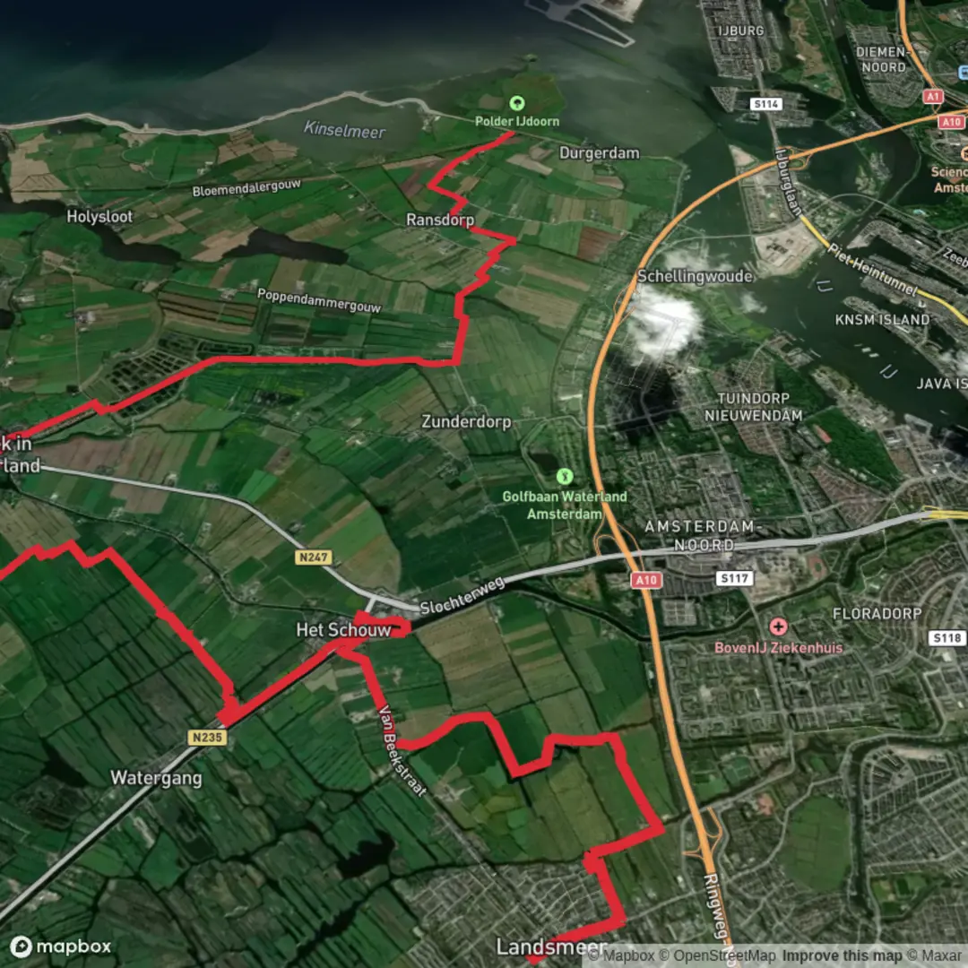 An image depicting the trail Raadhuisstraat to Uitdammerdijk via Vogermeerpolder and Broekervaart and its surrounding area.
