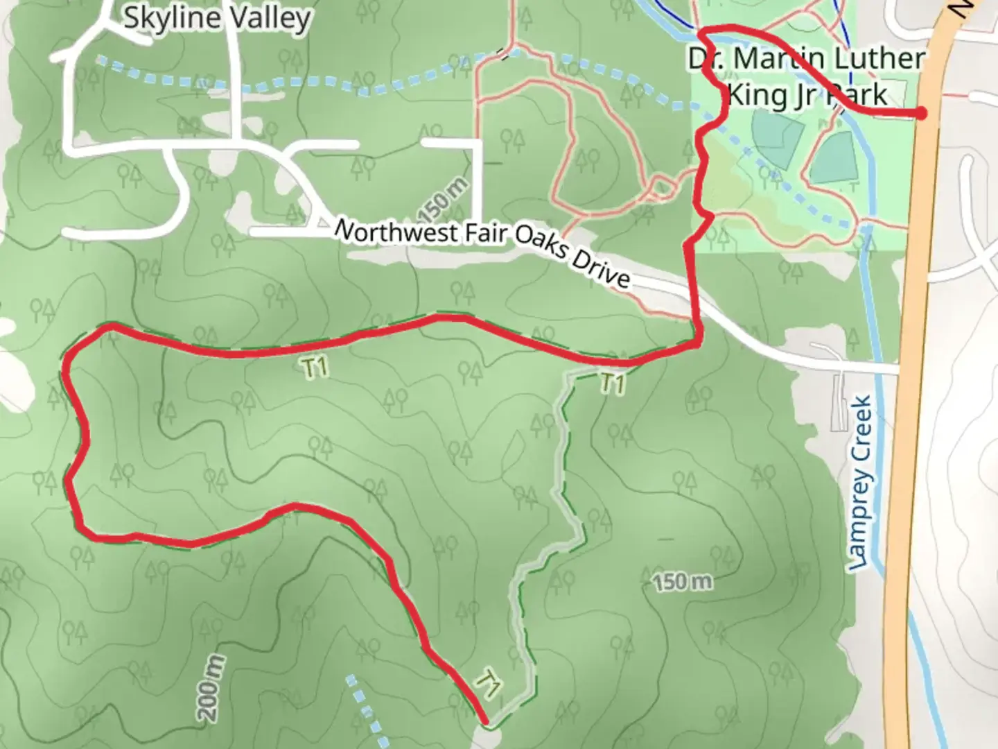 An image depicting the trail Dr Martin Luther King Jr Park and The Milk Run and its surrounding area.