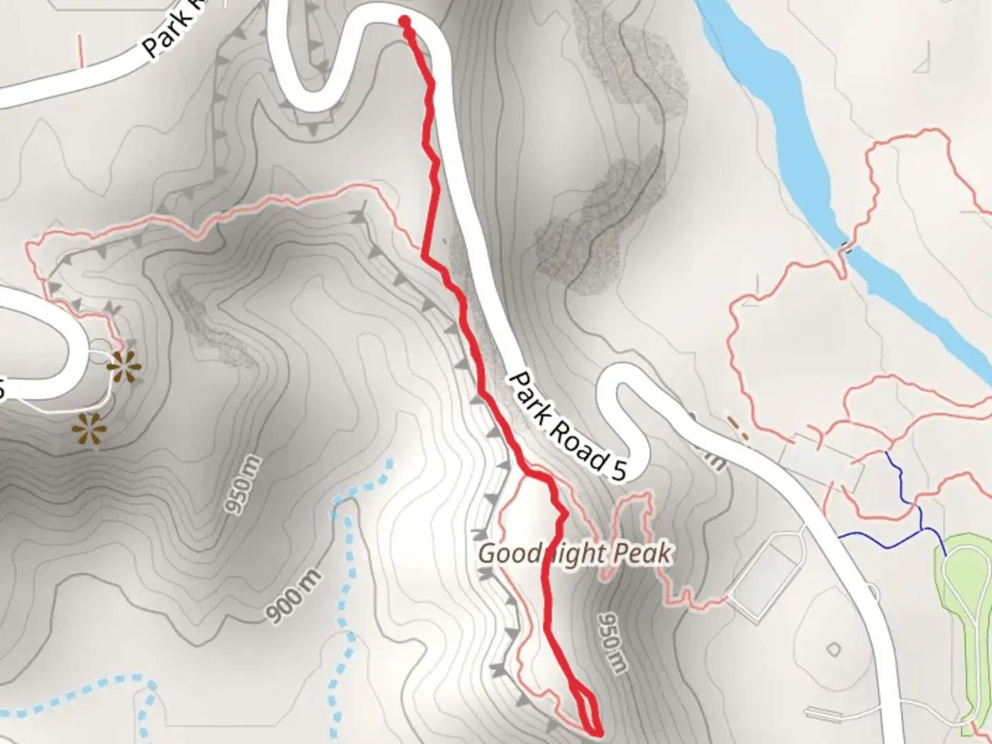 An image depicting the trail Goodnight Peak via Triassic Trail and CCC Trail and its surrounding area.
