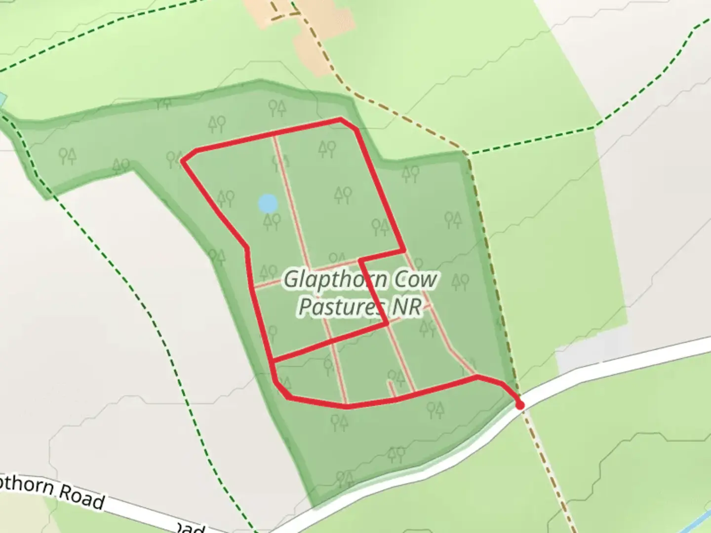 An image depicting the trail Glapthorn Cow Pastures NR Loop and its surrounding area.